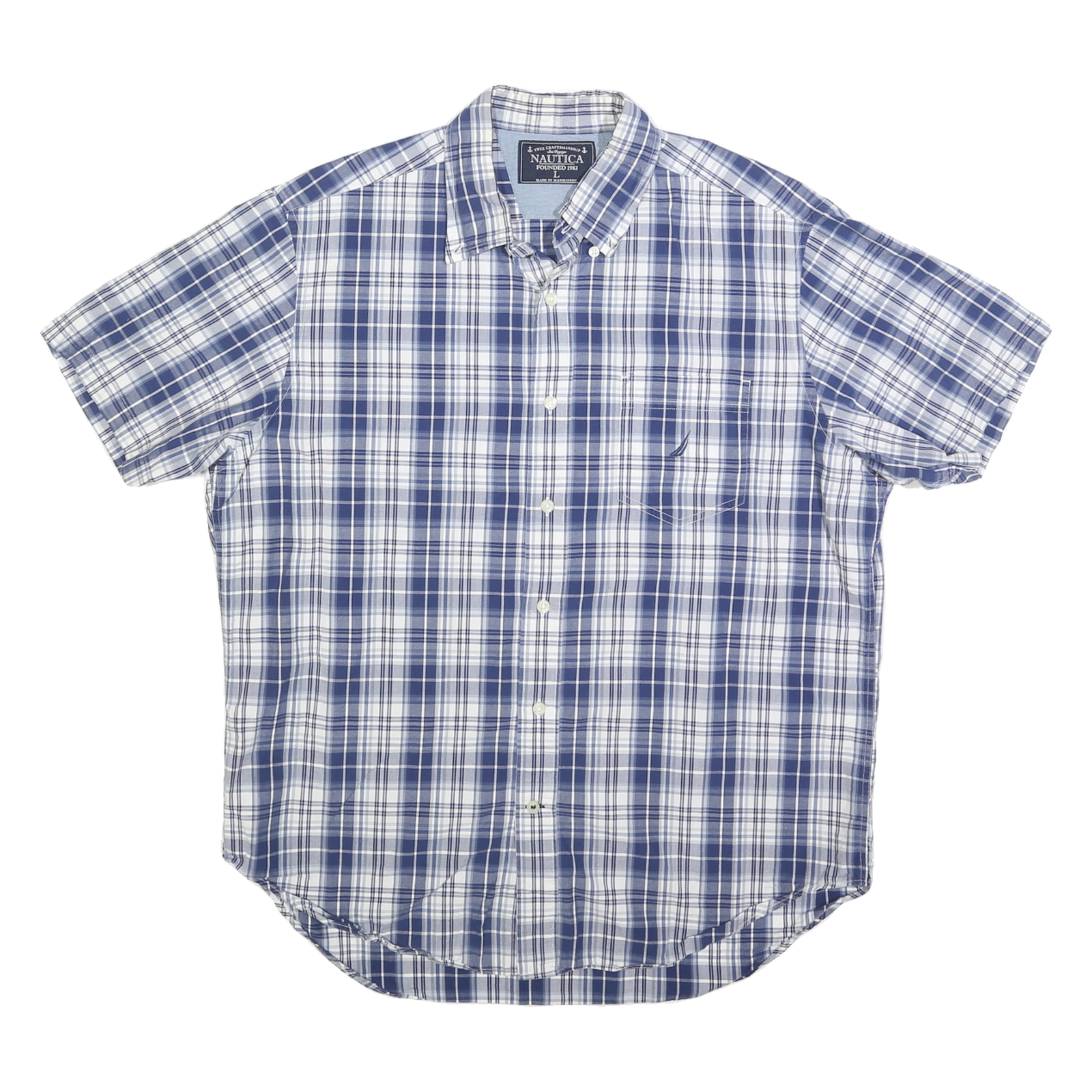 NAUTICA Mens Blue & White Checked Cotton Blend Shirt L Casual Short Sleeve Refurbished - N/A refurbished available on Cerqular