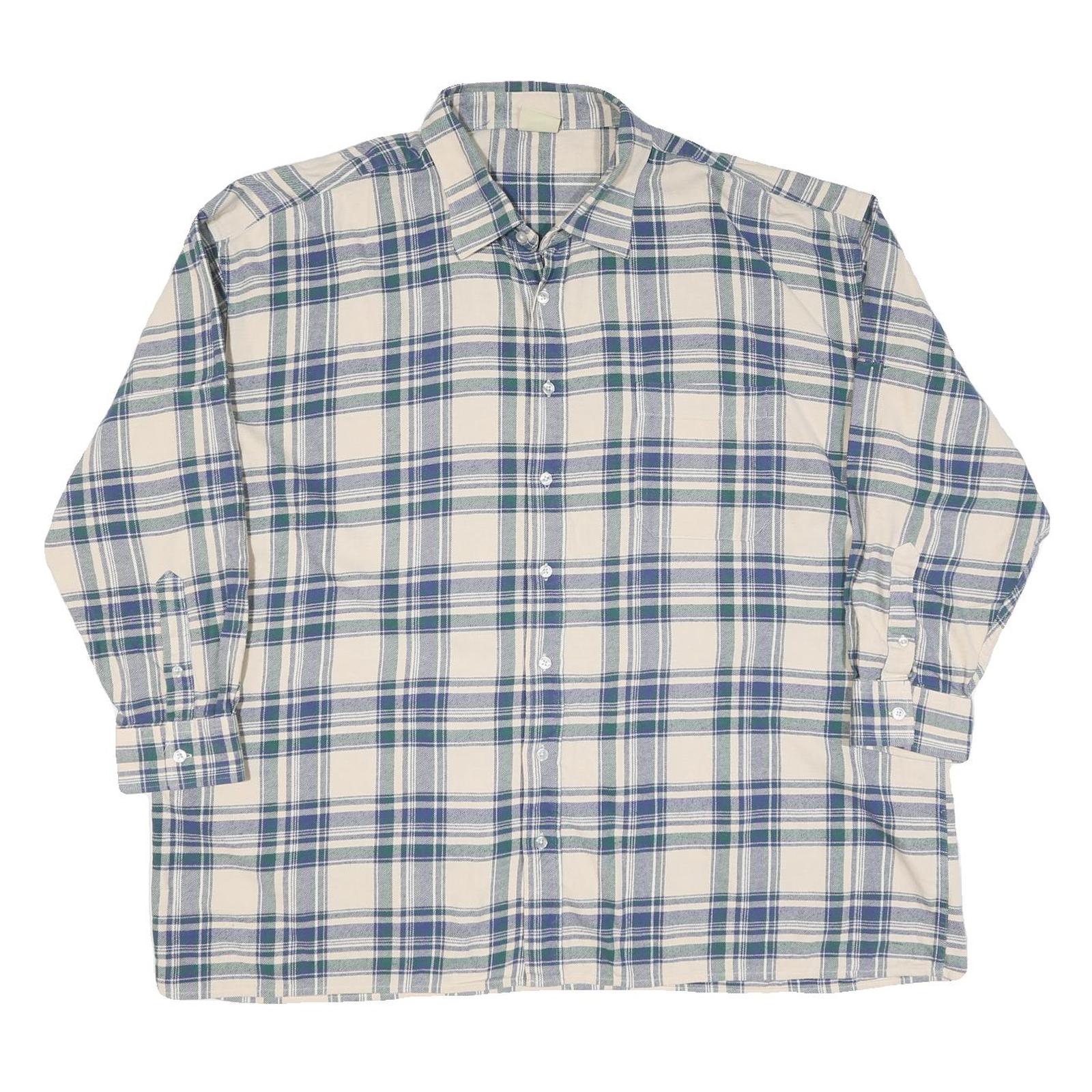 Mens Cream Blue Green Checked Cotton Shirt XL Casual Long Sleeve Button-Up Refurbished - N/A refurbished available on Cerqular