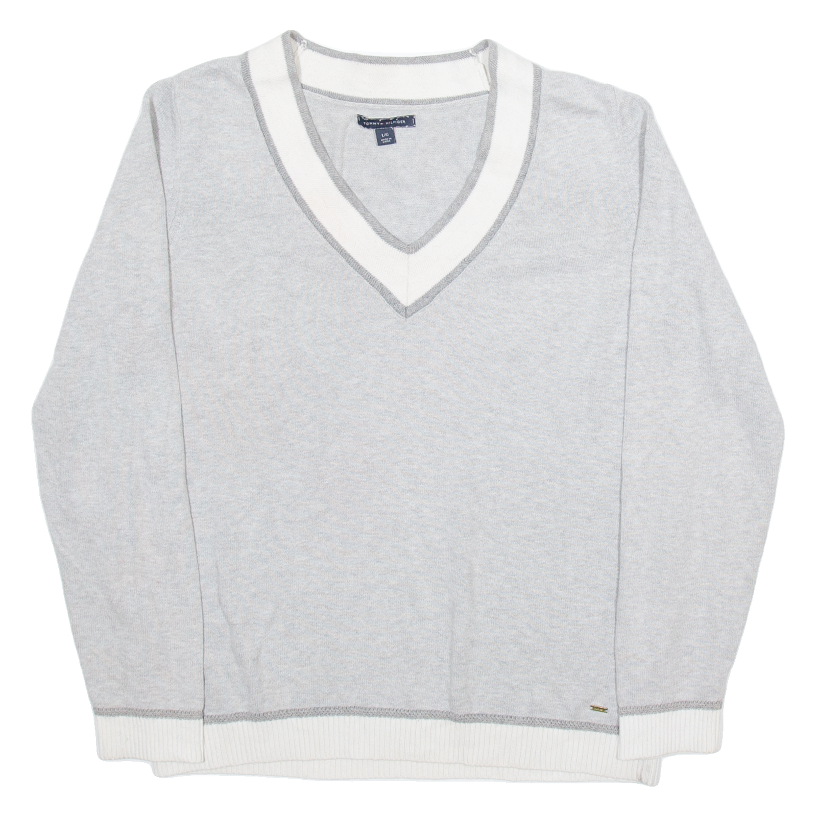 TOMMY HILFIGER Womens Jumper Grey V-Neck Tight Knit L Refurbished - N/A refurbished available on Cerqular