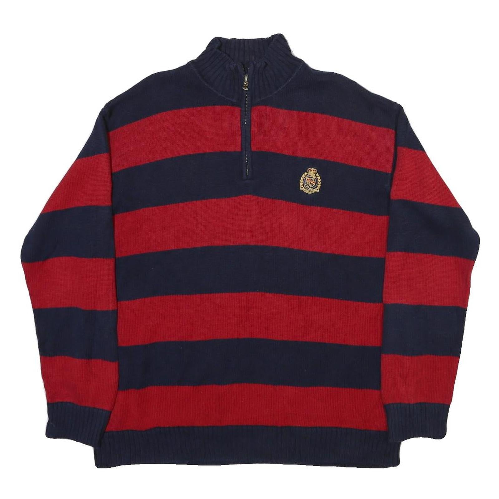 LAUREN RALPH LAUREN Womens Navy & Red Striped Pattern Jumper Quarter Zip Crew Refurbished - N/A refurbished available on Cerqular