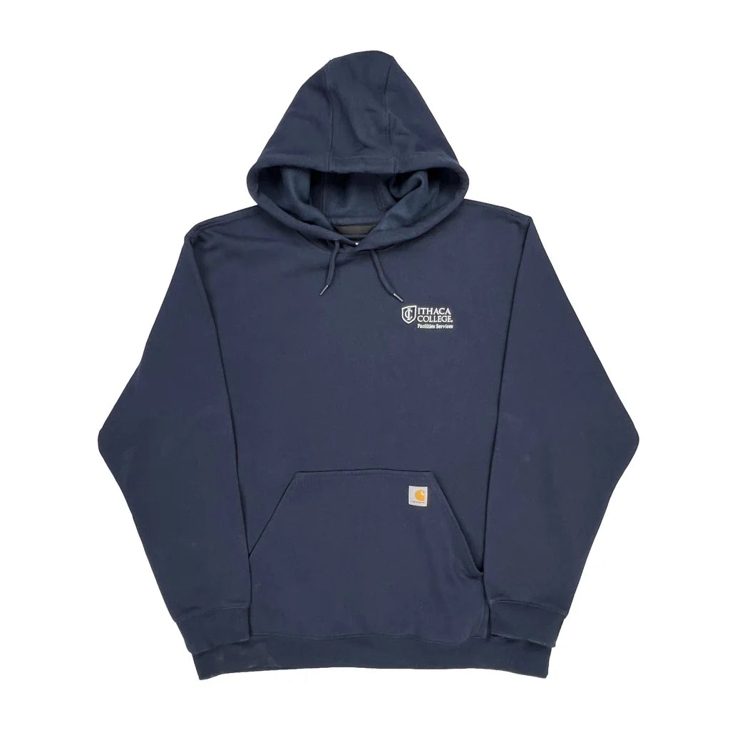 Ithaca College Facilities Services Carhartt College Hoodie - 2XL Navy Cotton Refurbished - Thrifted (note: this is a term often used to describe second- refurbished available on Cerqular