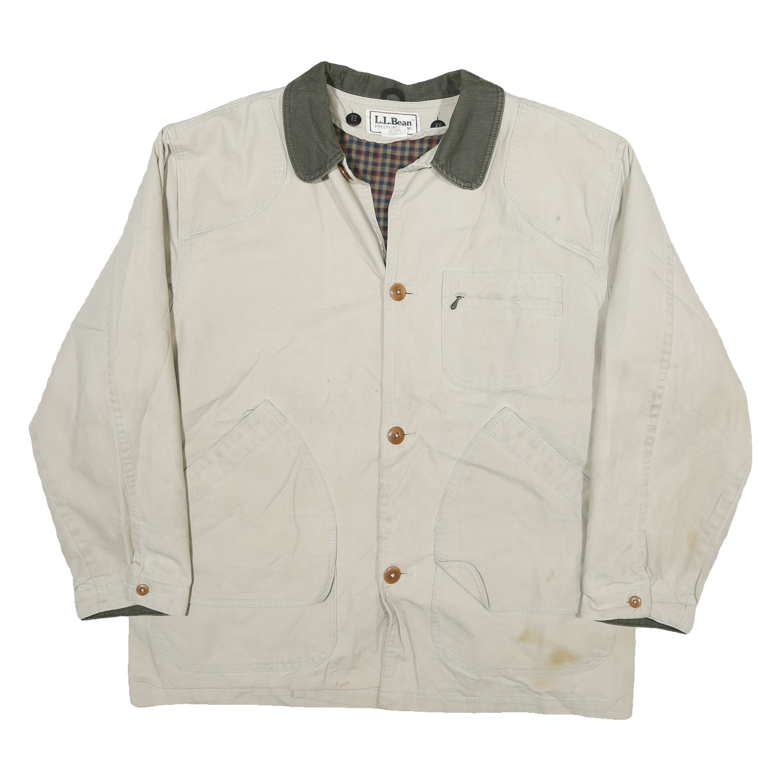 LL BEAN Mens Beige & Green Cotton Chore Jacket L Woven Button Workwear Relaxed Refurbished - N/A refurbished available on Cerqular