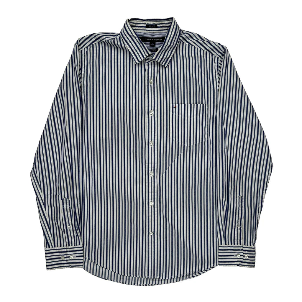 Tommy Hilfiger Striped Shirt - Medium Blue Cotton Refurbished - Thrifted (note: this is a term often used to describe second- refurbished available on Cerqular