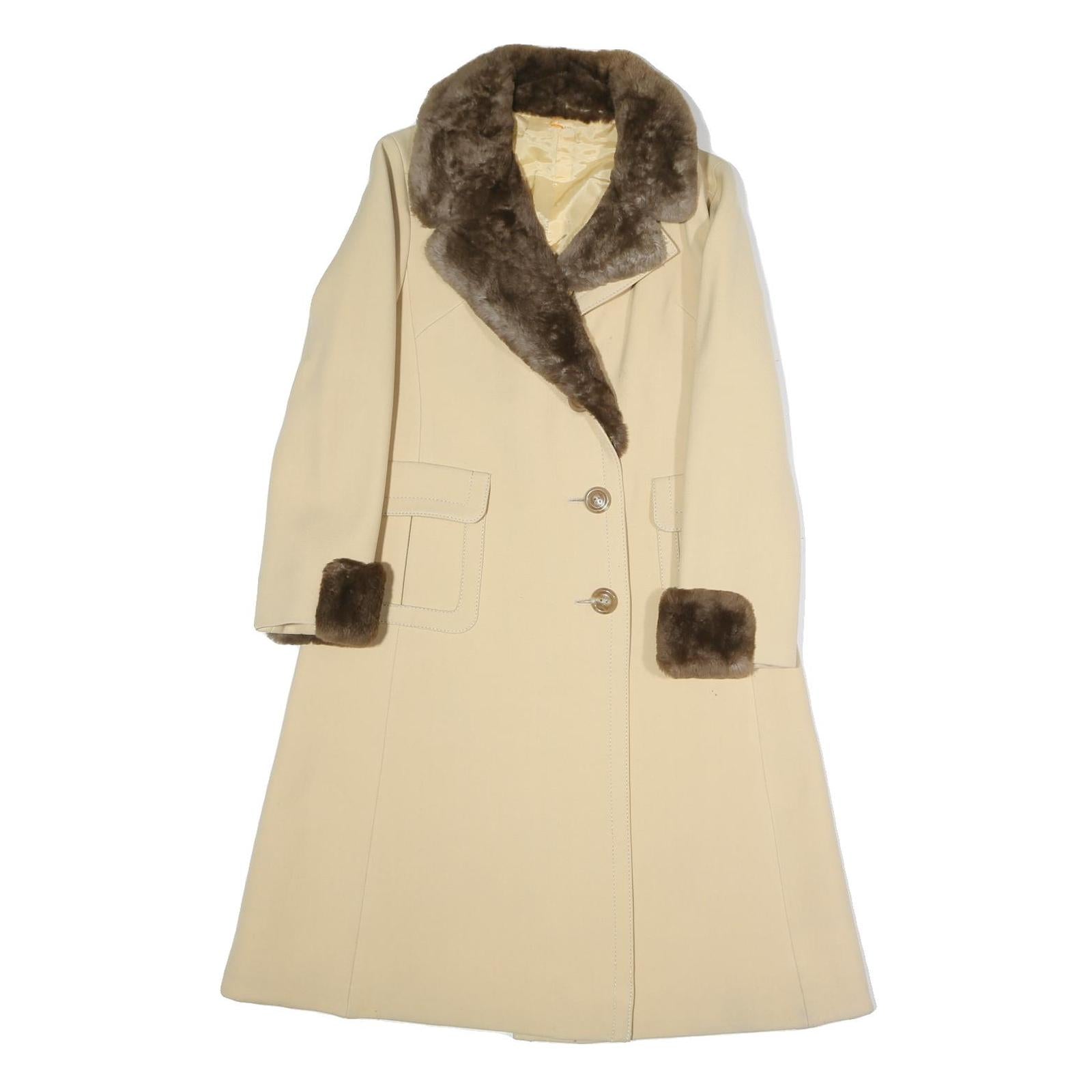 Womens Beige & Brown Faux Fur Collar Button Jacket S Polyester Blend Classic Refurbished - N/A refurbished available on Cerqular