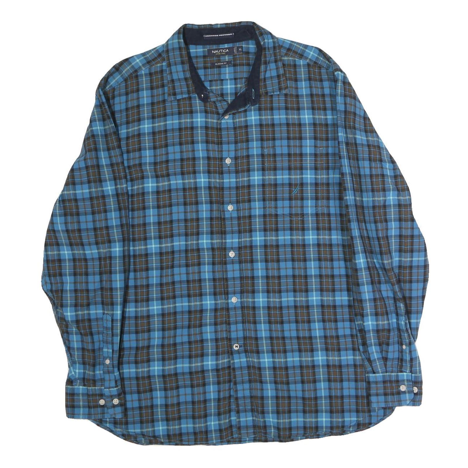 NAUTICA Mens Blue & Brown Check Shirt XL Classic Fit Cotton Long Sleeve Button Refurbished - N/A refurbished available on Cerqular