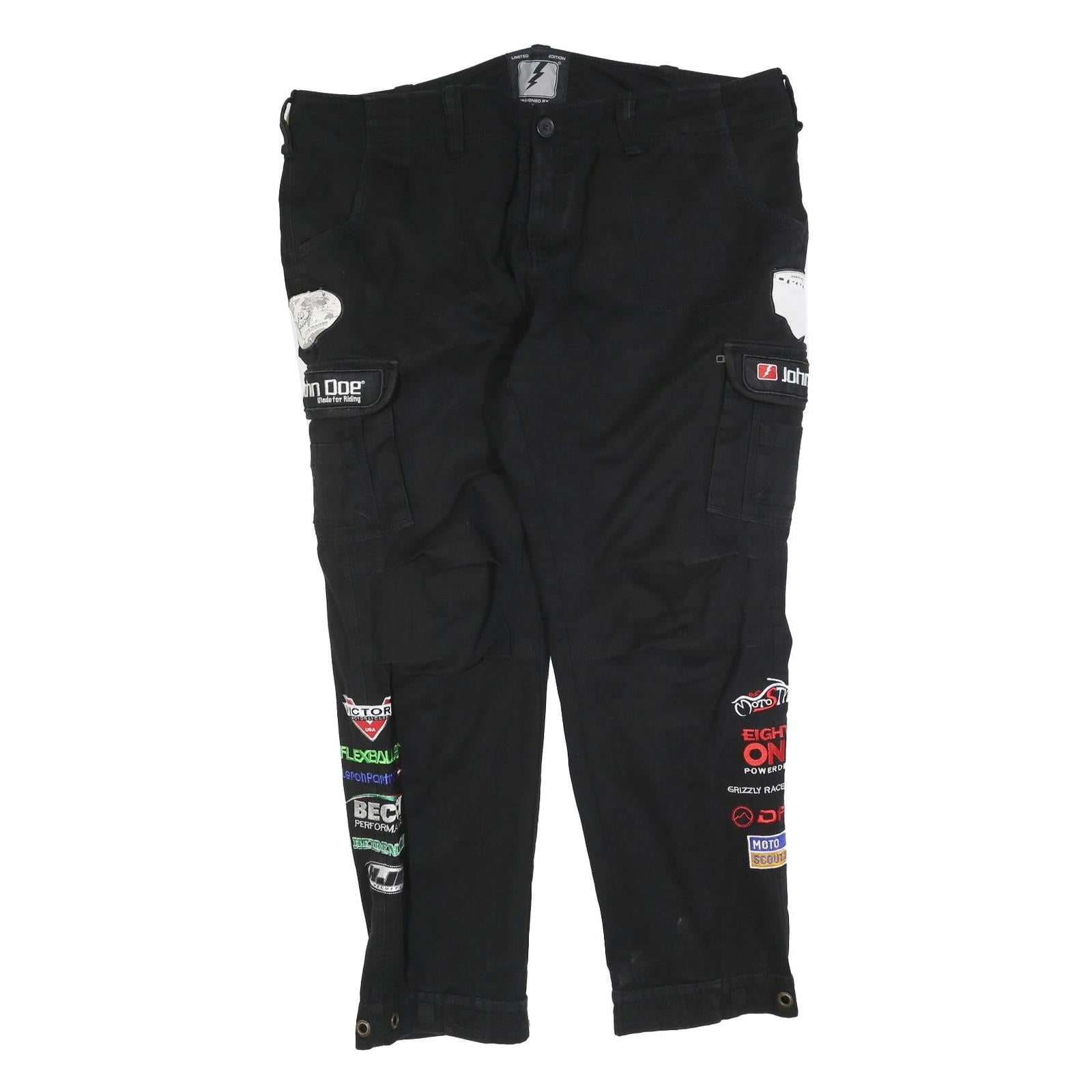 JOHN DOE Mens Cotton Blend Black Regular Cargo Trousers W42 L32 Embroidery Refurbished - N/A refurbished available on Cerqular