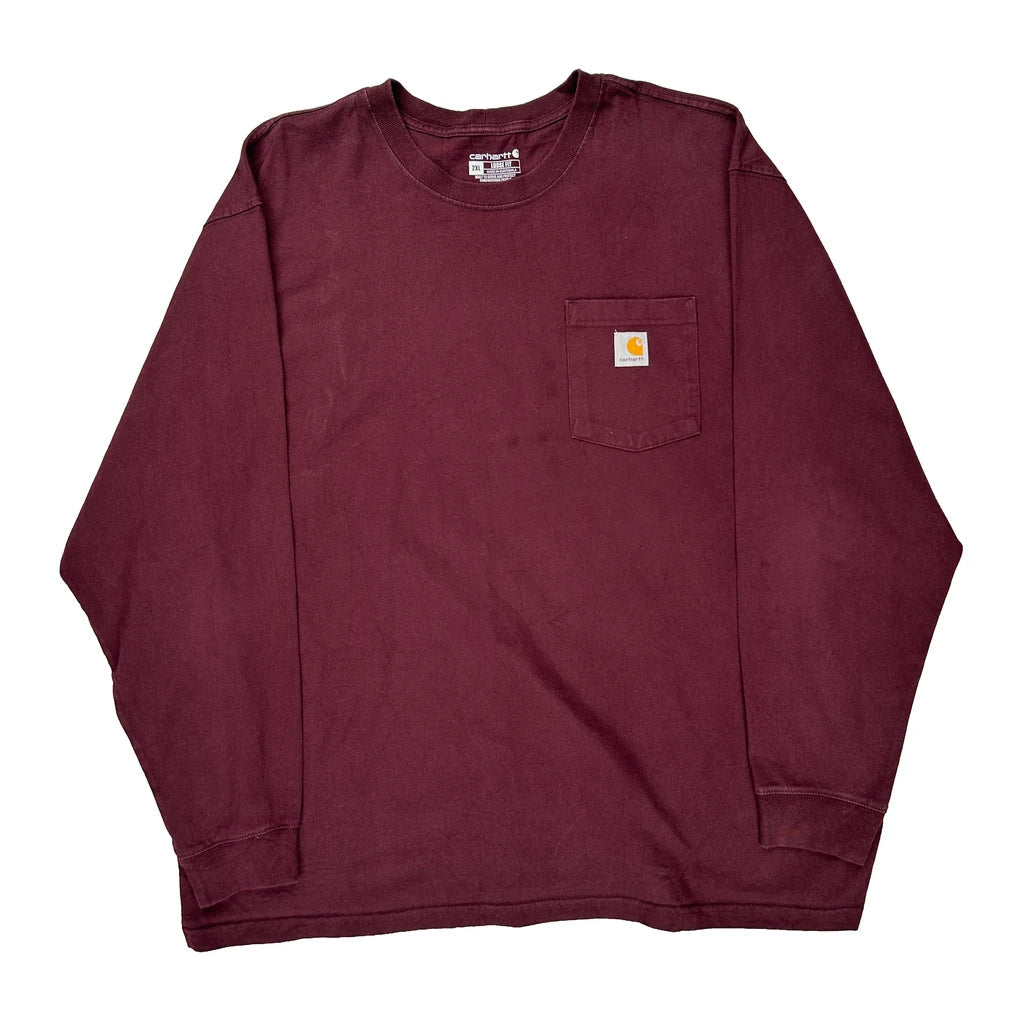 Carhartt Long Sleeve T-Shirt - 2XL Burgundy Cotton Refurbished - Thrifted (note: this is a term often used to describe second- refurbished available on Cerqular