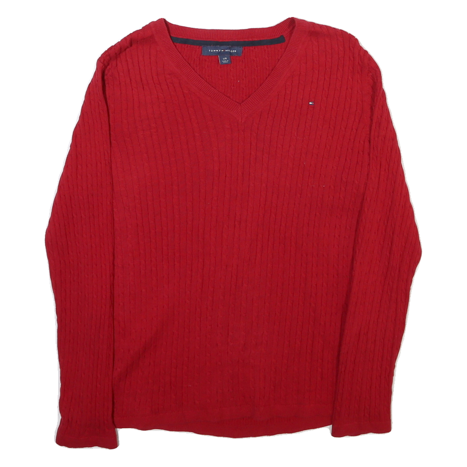 TOMMY HILFIGER Womens Red Cable Knit V-Neck Jumper L Cotton Blend Stylish Refurbished - N/A refurbished available on Cerqular