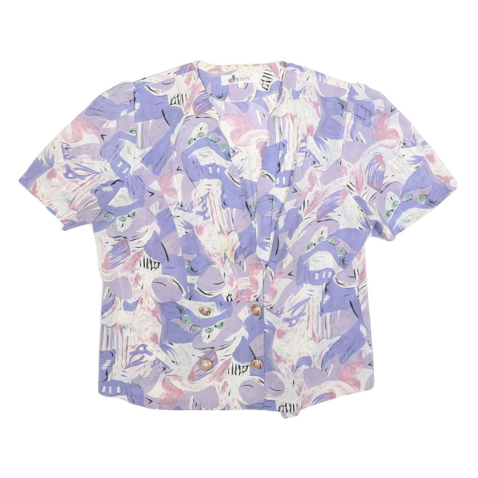 Womens Lilac & Pink Abstract Print Silk Top Short Sleeve V-Neck M Button Detail Refurbished - N/A refurbished available on Cerqular