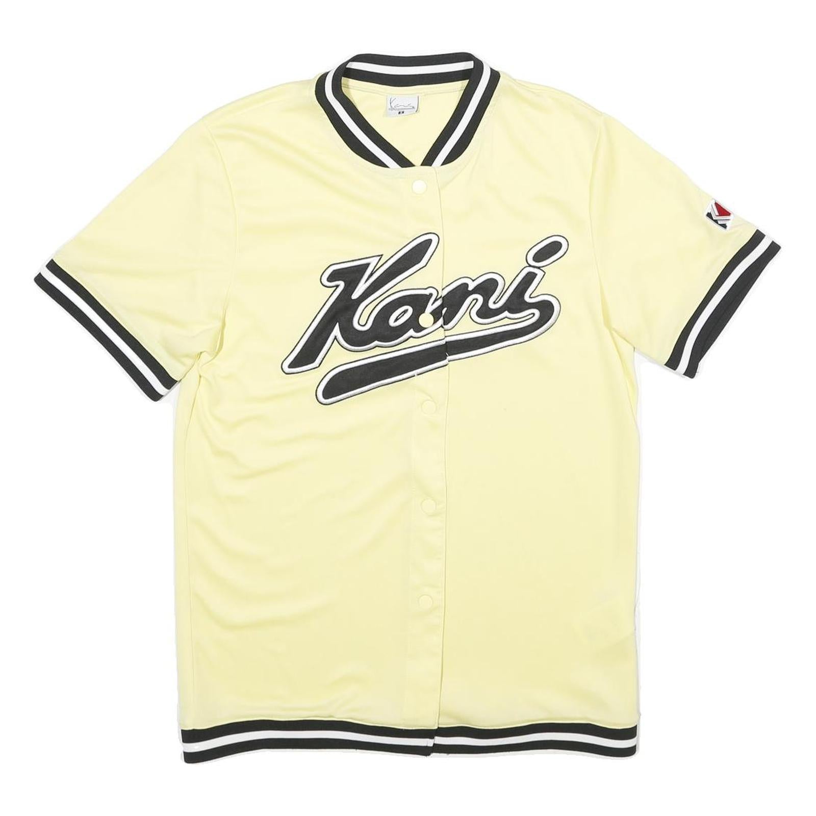 KARL KANI Mens Yellow Black Baseball Style S Short Sleeve Button Neck Logo Refurbished - N/A refurbished available on Cerqular