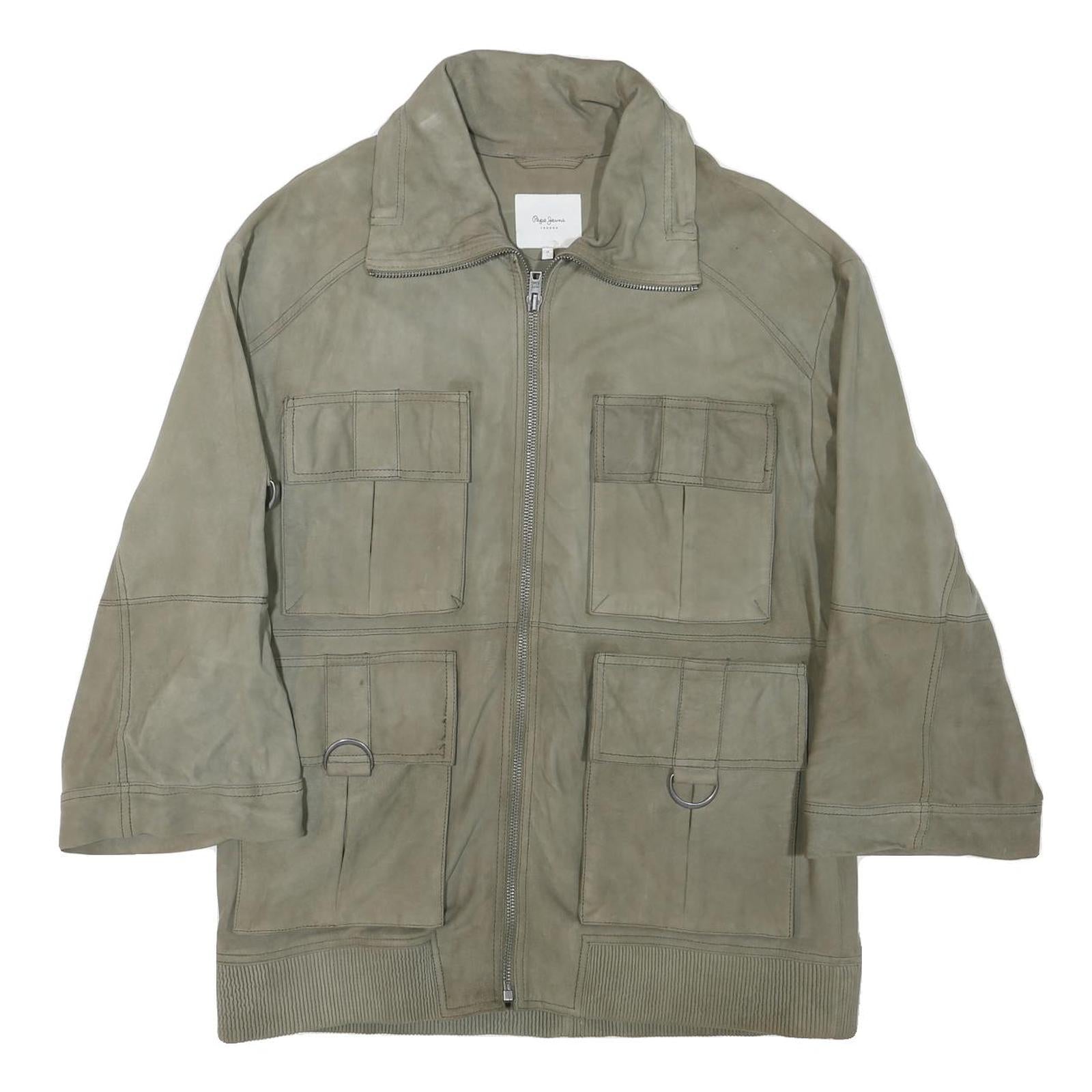 PEPE JEANS Mens Grey Leather Utility Jacket L Suede Four Pocket Zip Closure Refurbished - N/A refurbished available on Cerqular