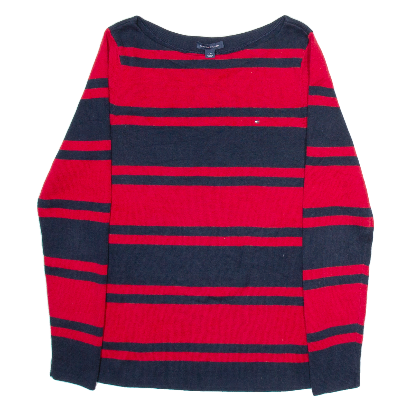 TOMMY HILFIGER Womens Patterned Jumper Red Striped Tight Knit L Refurbished - N/A refurbished available on Cerqular