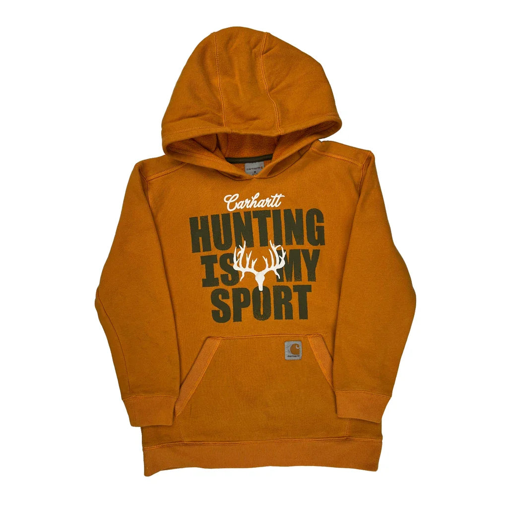 Age 10-12 Carhartt Graphic Hoodie - Medium Orange Cotton Refurbished - Thrifted (note: this is a term often used to describe second- refurbished available on Cerqular