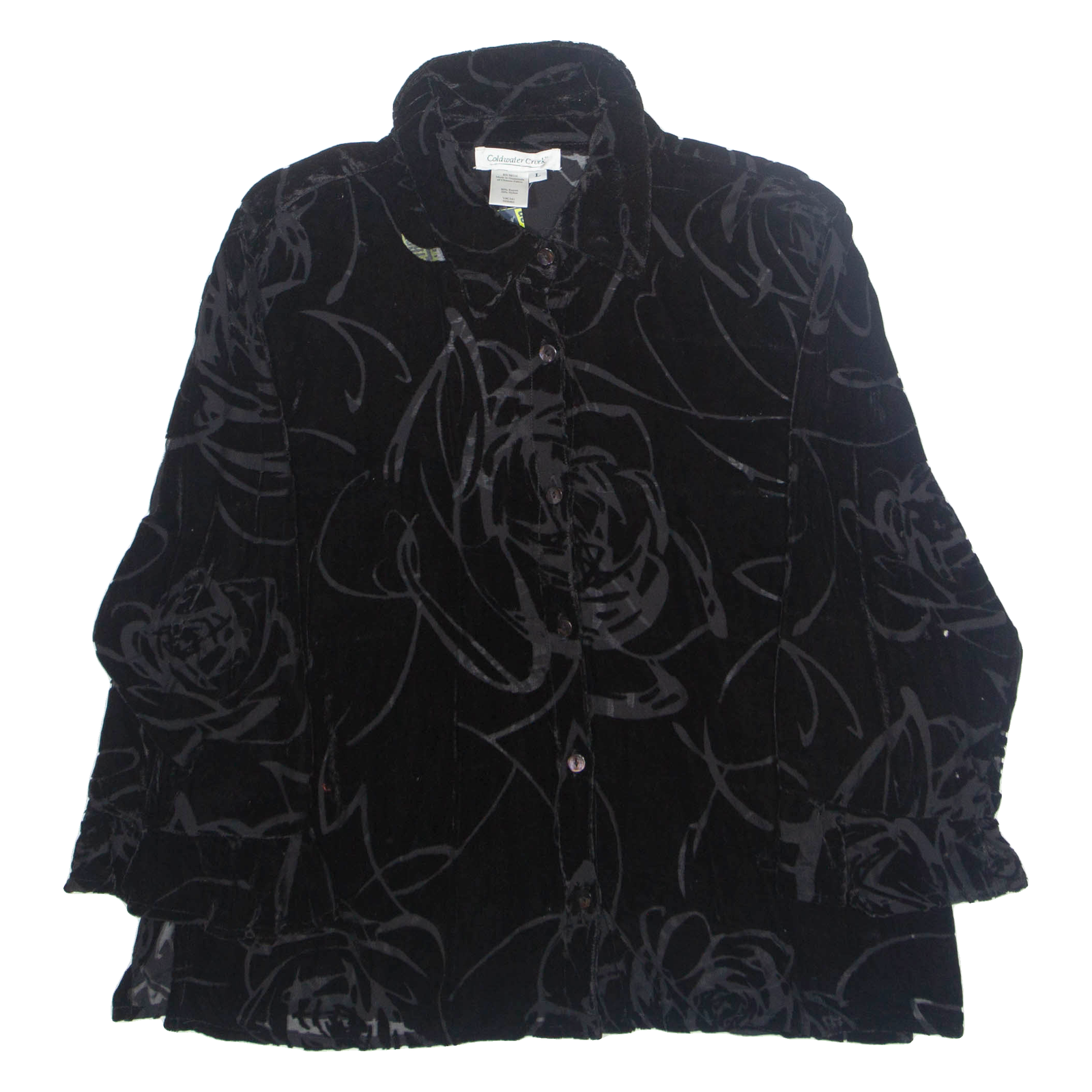 COLDWATER CREEK Womens Blouse Black Collared Long Sleeve Floral L Refurbished - N/A refurbished available on Cerqular