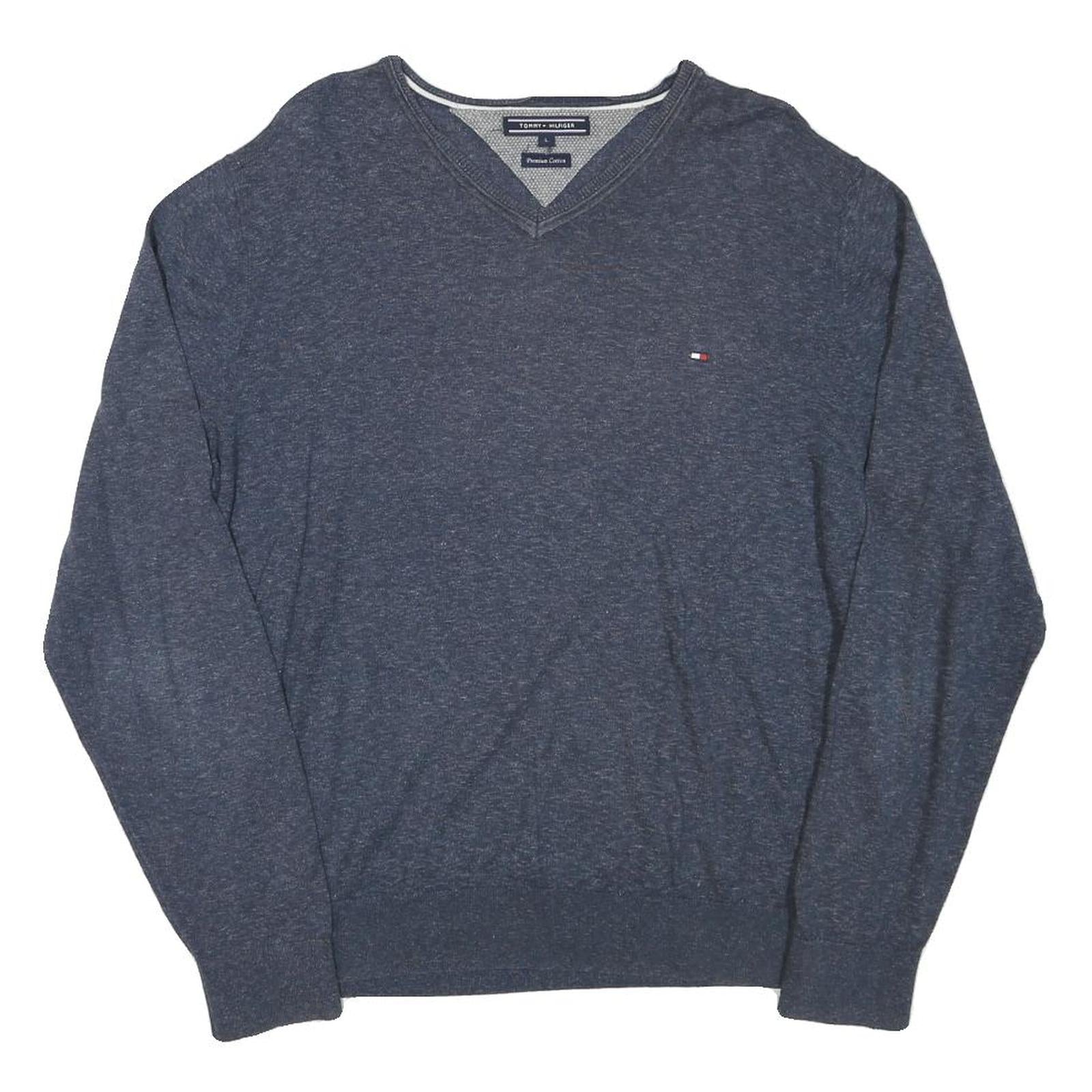 TOMMY HILFIGER Mens Blue Plain V Neck Basic Knit Jumper L Cotton Blend Casual Refurbished - N/A refurbished available on Cerqular