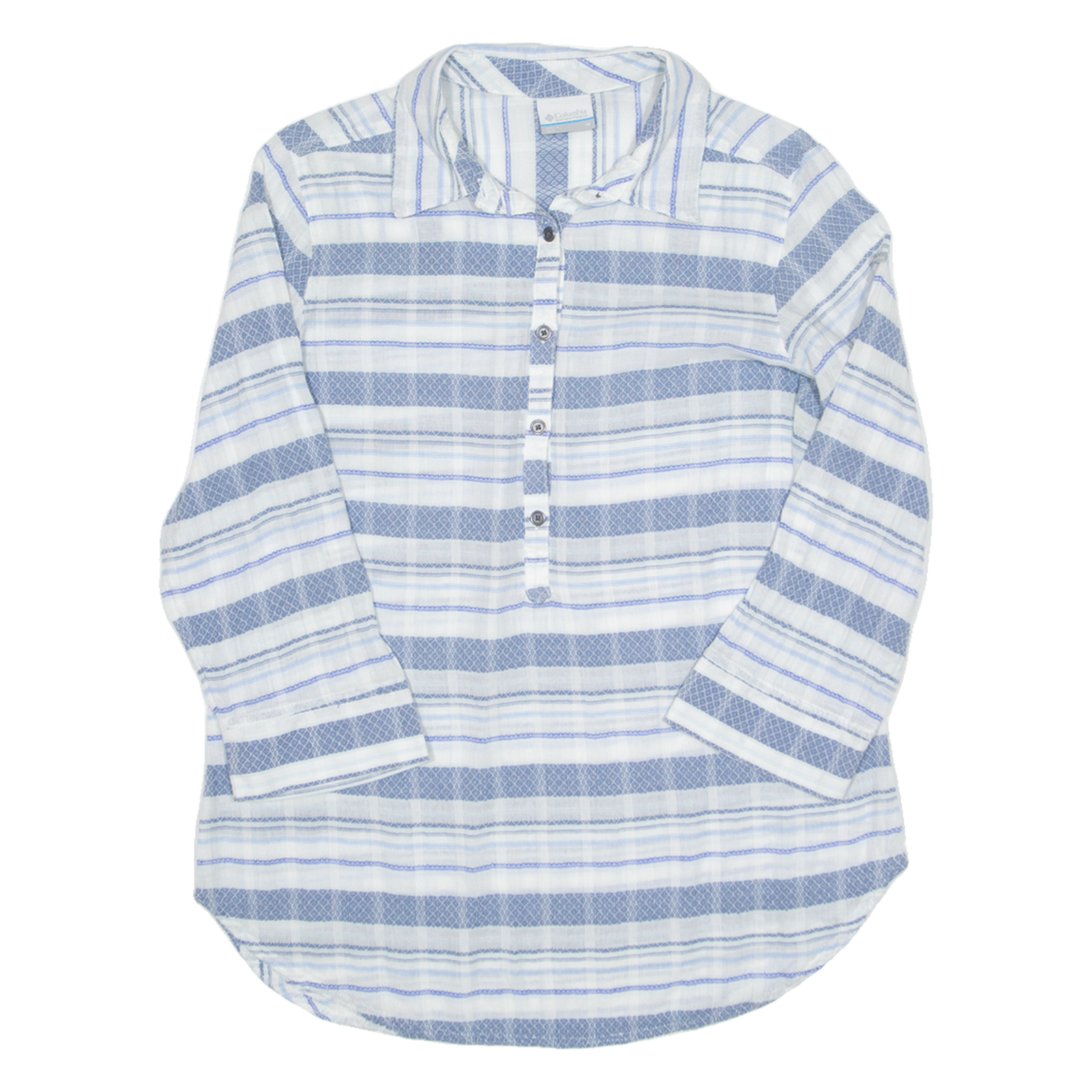 COLUMBIA 1/2 Button Turn Up Sleeve Womens Shirt Blue Striped 3/4 Sleeve M Refurbished - N/A refurbished available on Cerqular