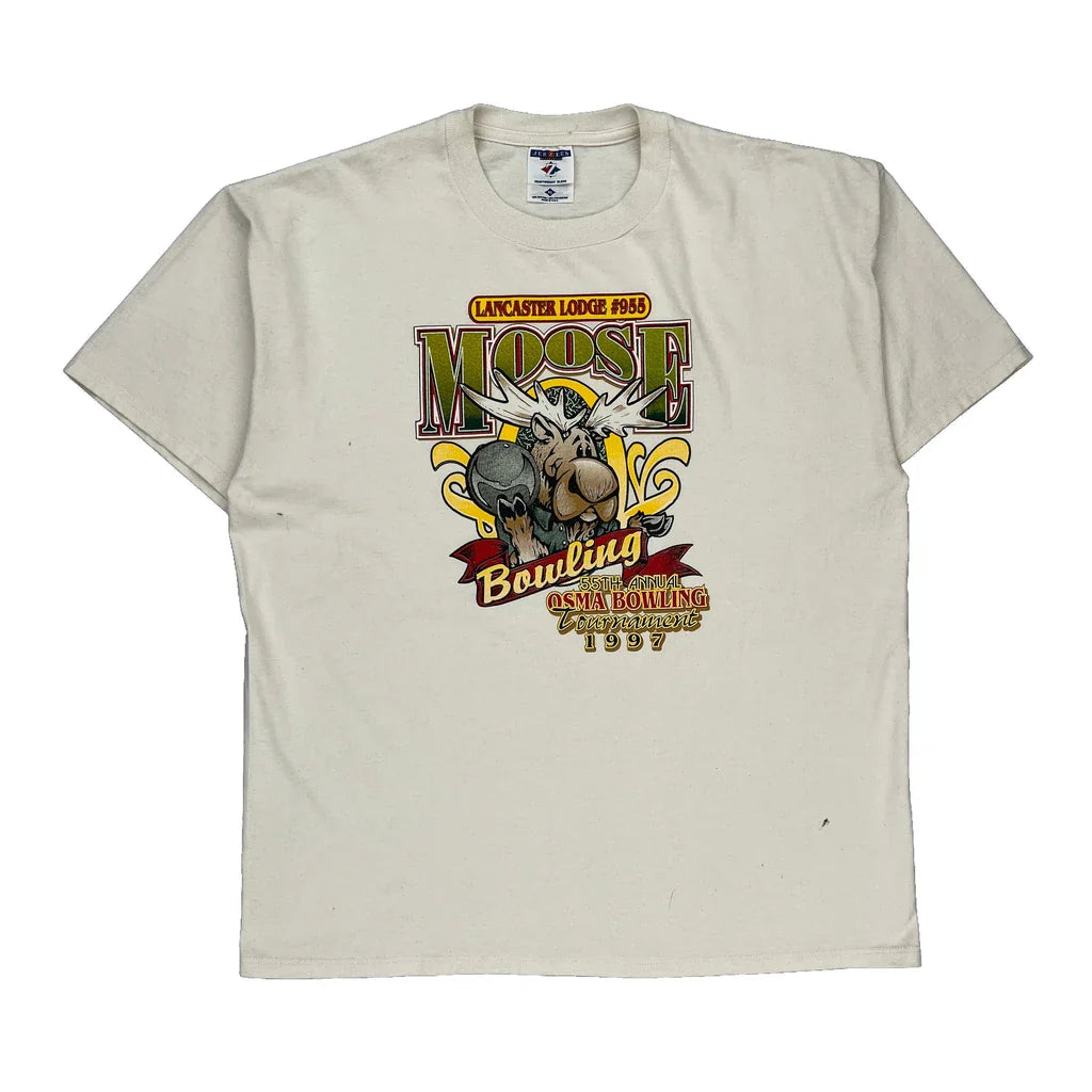 Made In USa Bowling 1997 Jerzees Graphic T-Shirt - XL White Cotton Blend Refurbished - Thrifted (note: this is a term often used to describe second- refurbished available on Cerqular