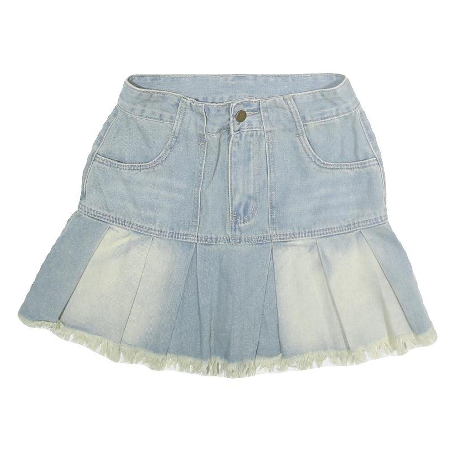 ROMWE Womens Blue Denim Pleated Mini Skirt Cotton XS Frayed Hem Casual Refurbished - N/A refurbished available on Cerqular