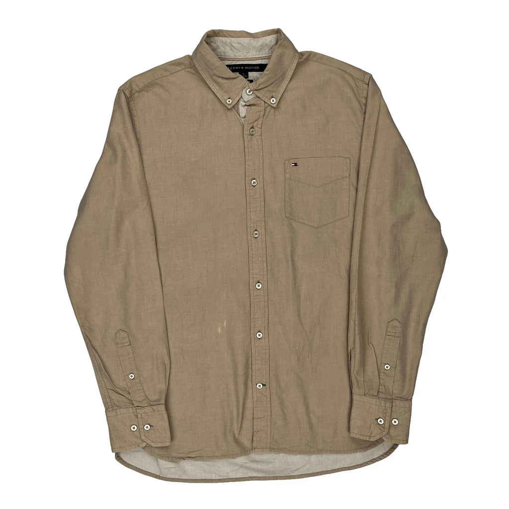 Tommy Hilfiger Shirt - Medium Beige Cotton Refurbished - Thrifted (note: this is a term often used to describe second- refurbished available on Cerqular