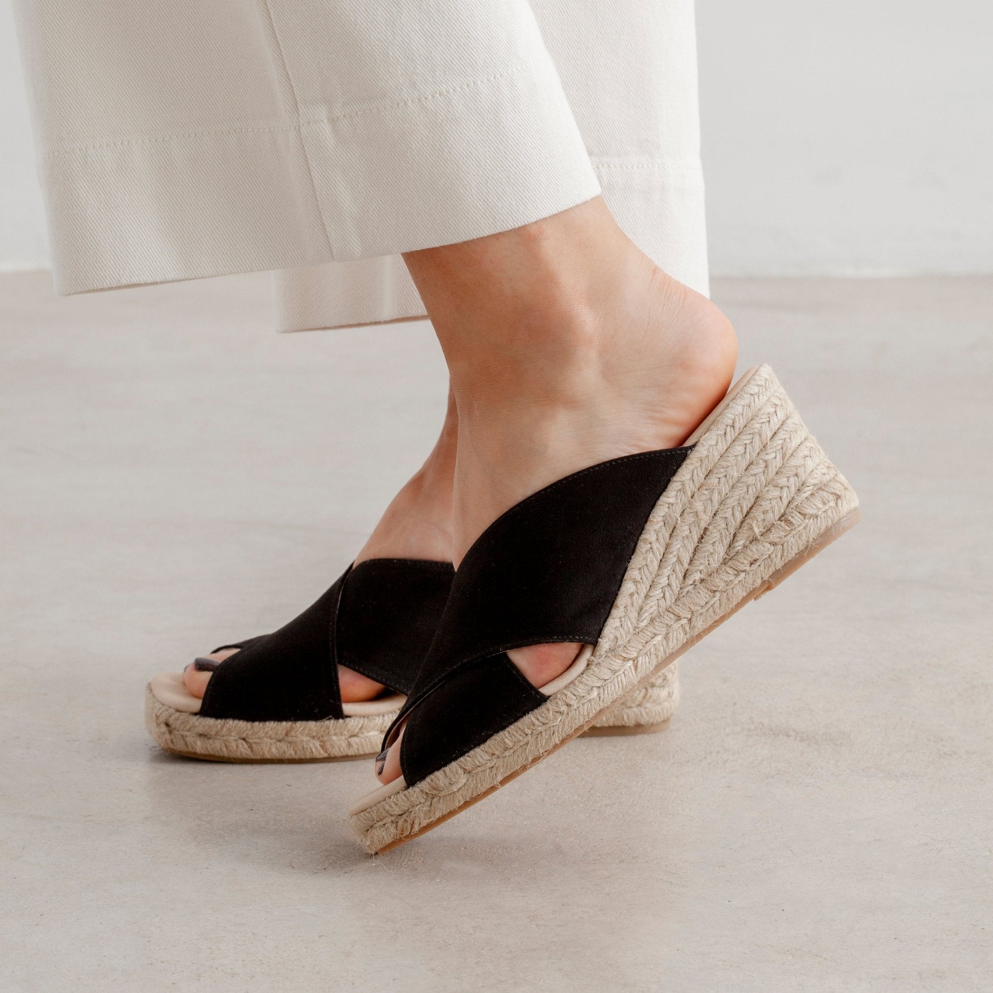 Genoa Cross Strap Vegan Suede Espadrille Wedges - Black | Select size: 9 US (40EU) | Color: Black Refurbished - N/A refurbished available on Cerqular
