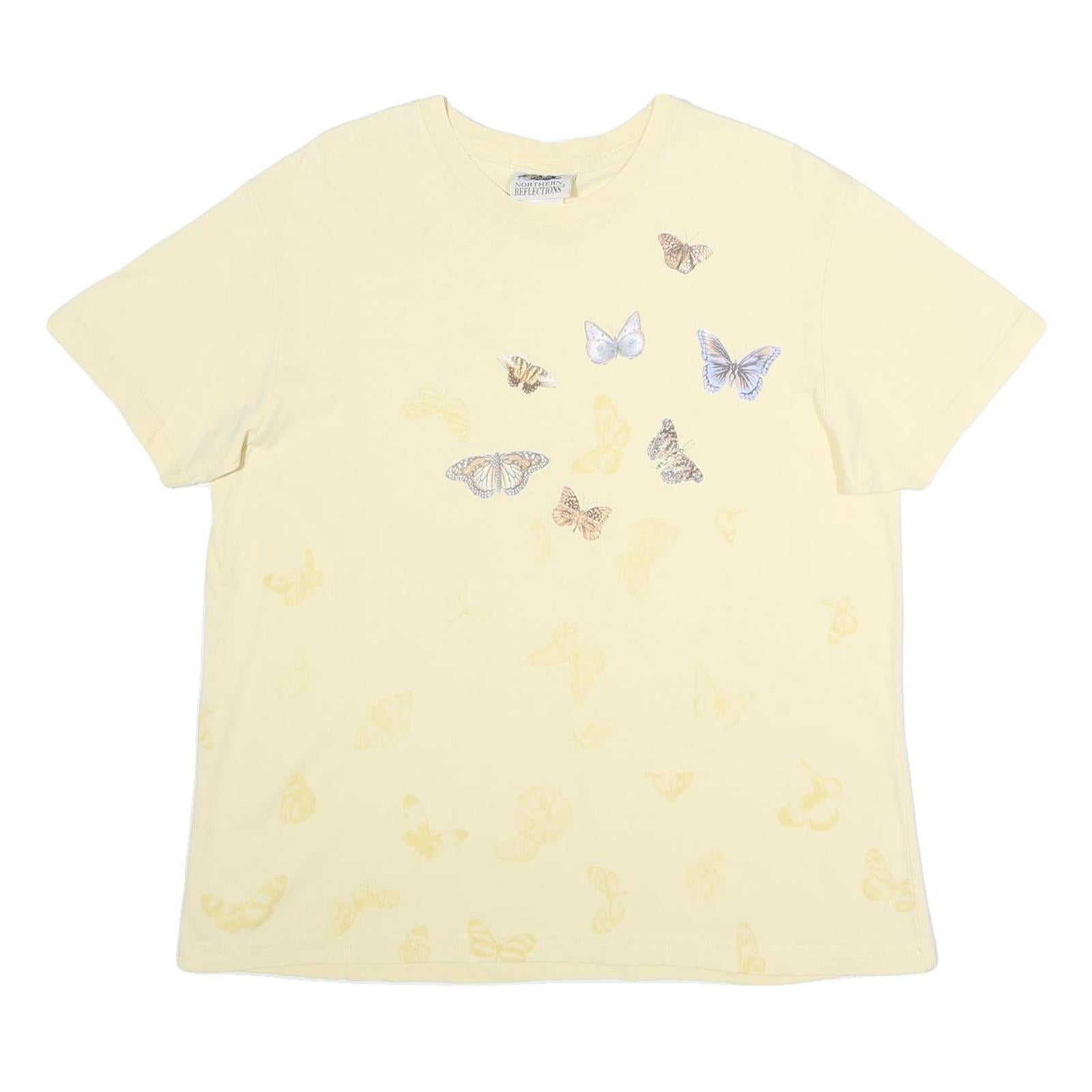 NORTHERN REFLECTIONS Womens Cream Butterfly Graphic T-Shirt L Short Sleeve Crew Refurbished - N/A refurbished available on Cerqular