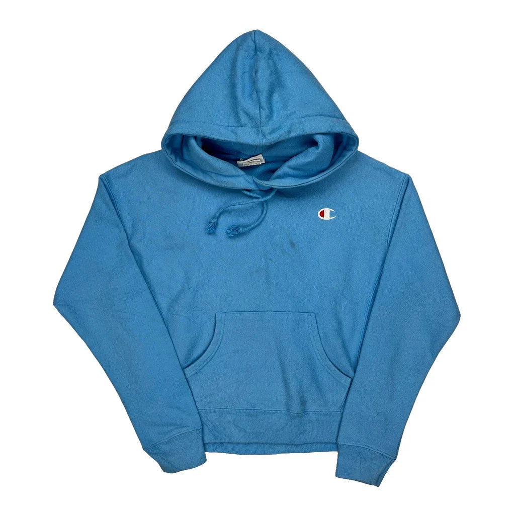 Reverse Weave Champion Hoodie - Small Blue Cotton Refurbished - Thrifted (note: this is a term often used to describe second- refurbished available on Cerqular