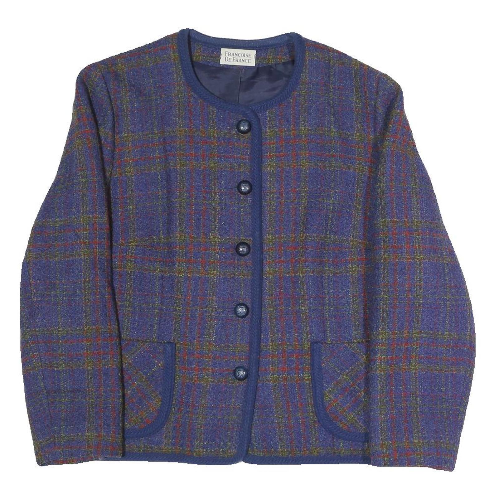 FRANCOISE DE FRANCE Womens Blue Check Button Jacket L Polyester Blend Classic Refurbished - N/A refurbished available on Cerqular