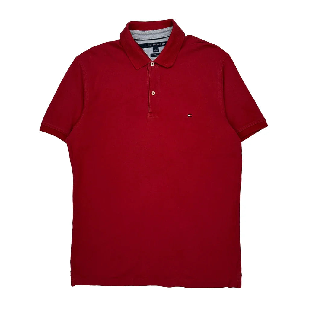 Tommy Hilfiger Slim Fit Polo Shirt - Large Red Cotton Refurbished - Thrifted (note: this is a term often used to describe second- refurbished available on Cerqular