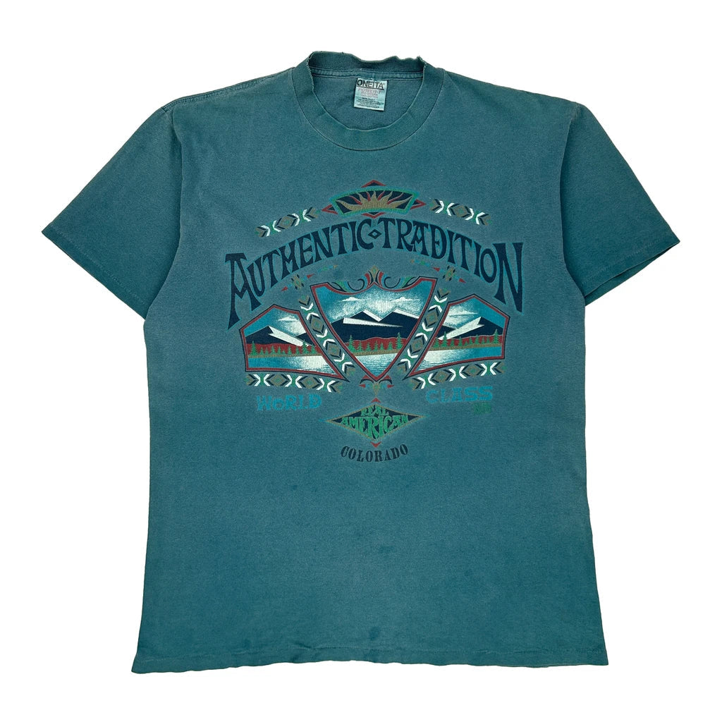 Oneita Single Stitch T-Shirt - Large Blue Cotton Refurbished - Thrifted (note: this is a term often used to describe second- refurbished available on Cerqular