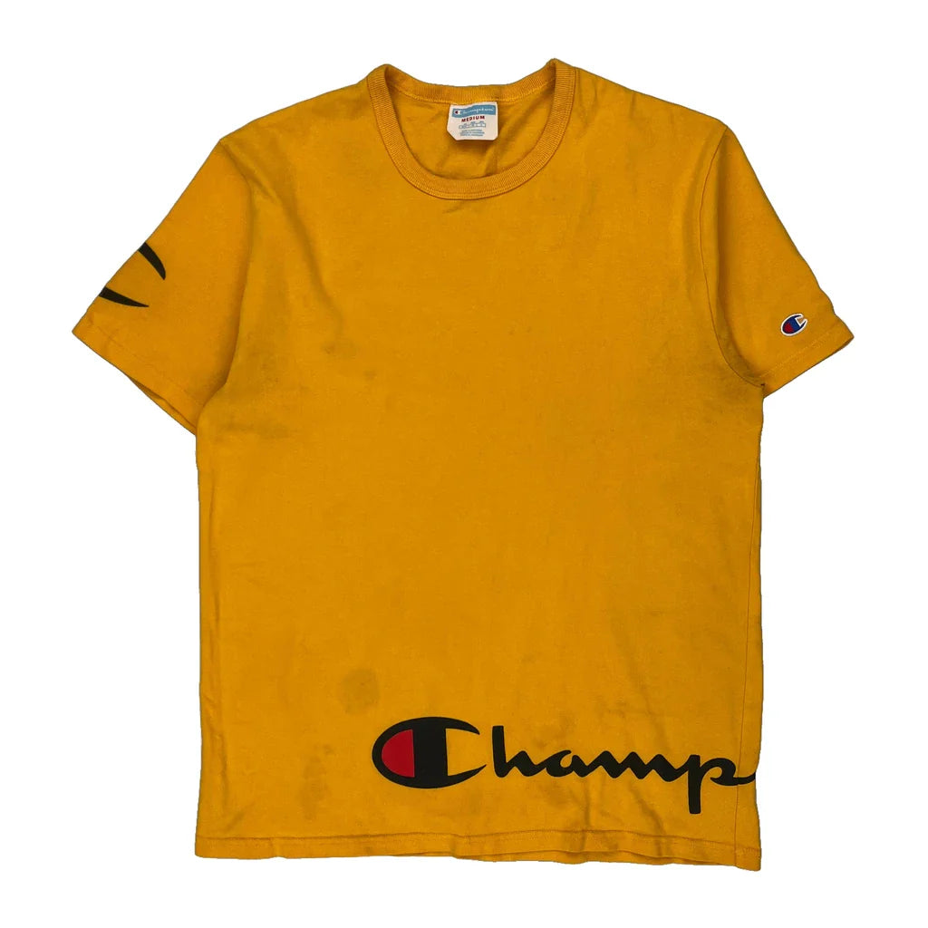 Champion Spellout T-Shirt - Medium Yellow Cotton Refurbished - Thrifted (note: this is a term often used to describe second- refurbished available on Cerqular