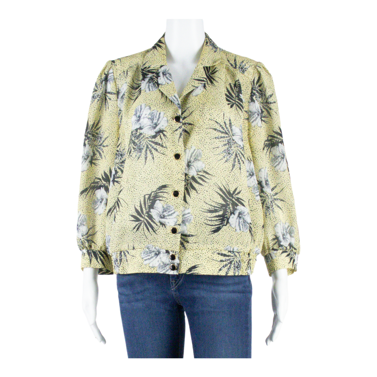 Womens Shirt Blouse Yellow V-Neck 3/4 Sleeve Floral M Refurbished - N/A refurbished available on Cerqular