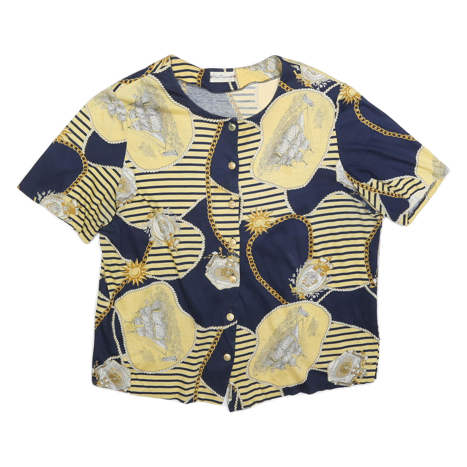 PAUL MAUSNER Womens Navy & Yellow Printed Blouse Short Sleeve Button Neck M Refurbished - N/A refurbished available on Cerqular