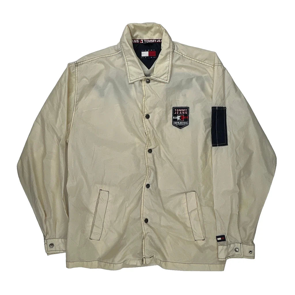 Tommy Jeans Spellout Windbreaker - Large Cream Polyester Refurbished - Thrifted (note: this is a term often used to describe second- refurbished available on Cerqular