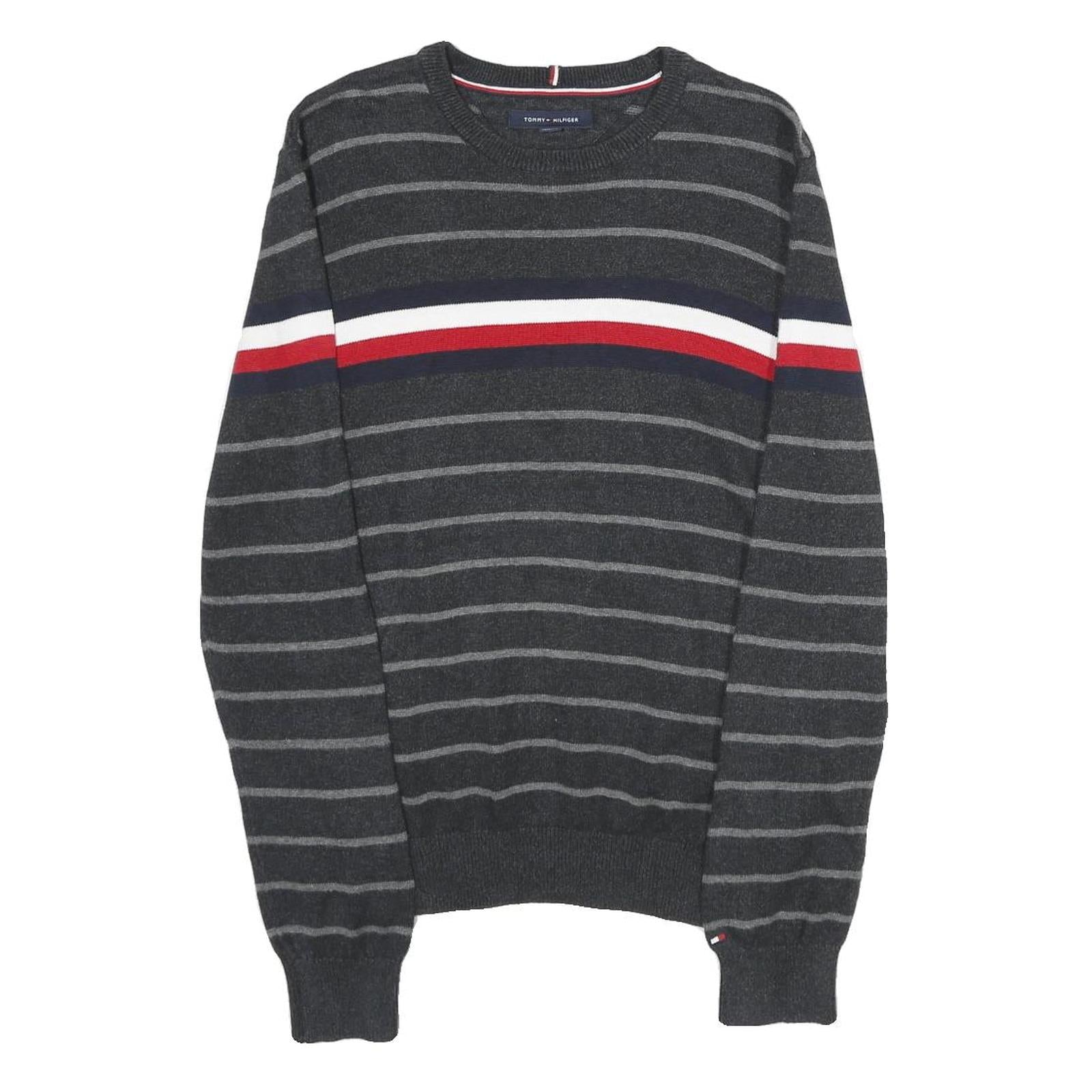 TOMMY HILFIGER Mens Grey & Red Striped Patterned Cotton Crew Neck Jumper S Refurbished - N/A refurbished available on Cerqular