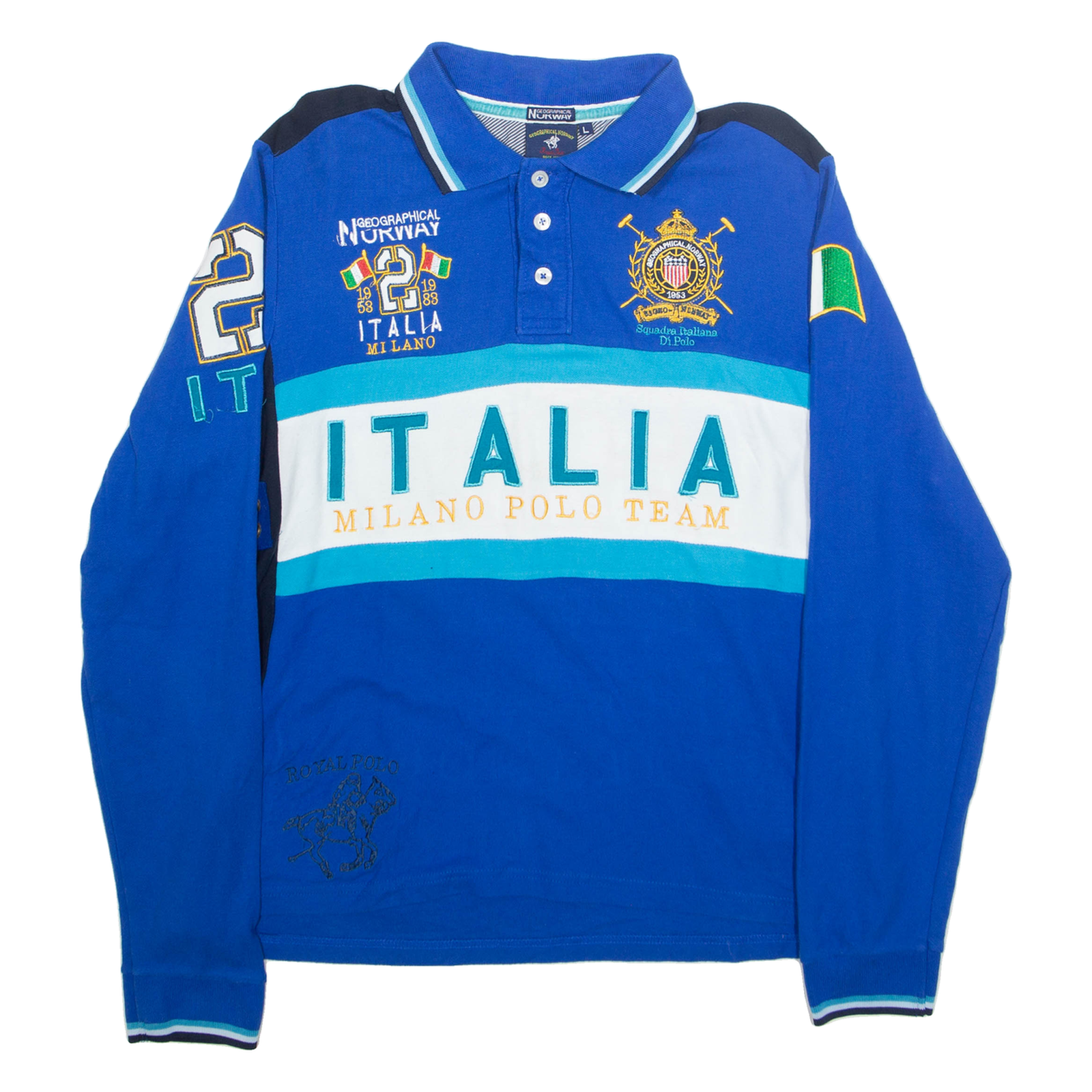 GEOGRAPHICAL NORWAY Mens Polo Shirt Blue Crazy Pattern Long Sleeve L Refurbished - N/A refurbished available on Cerqular