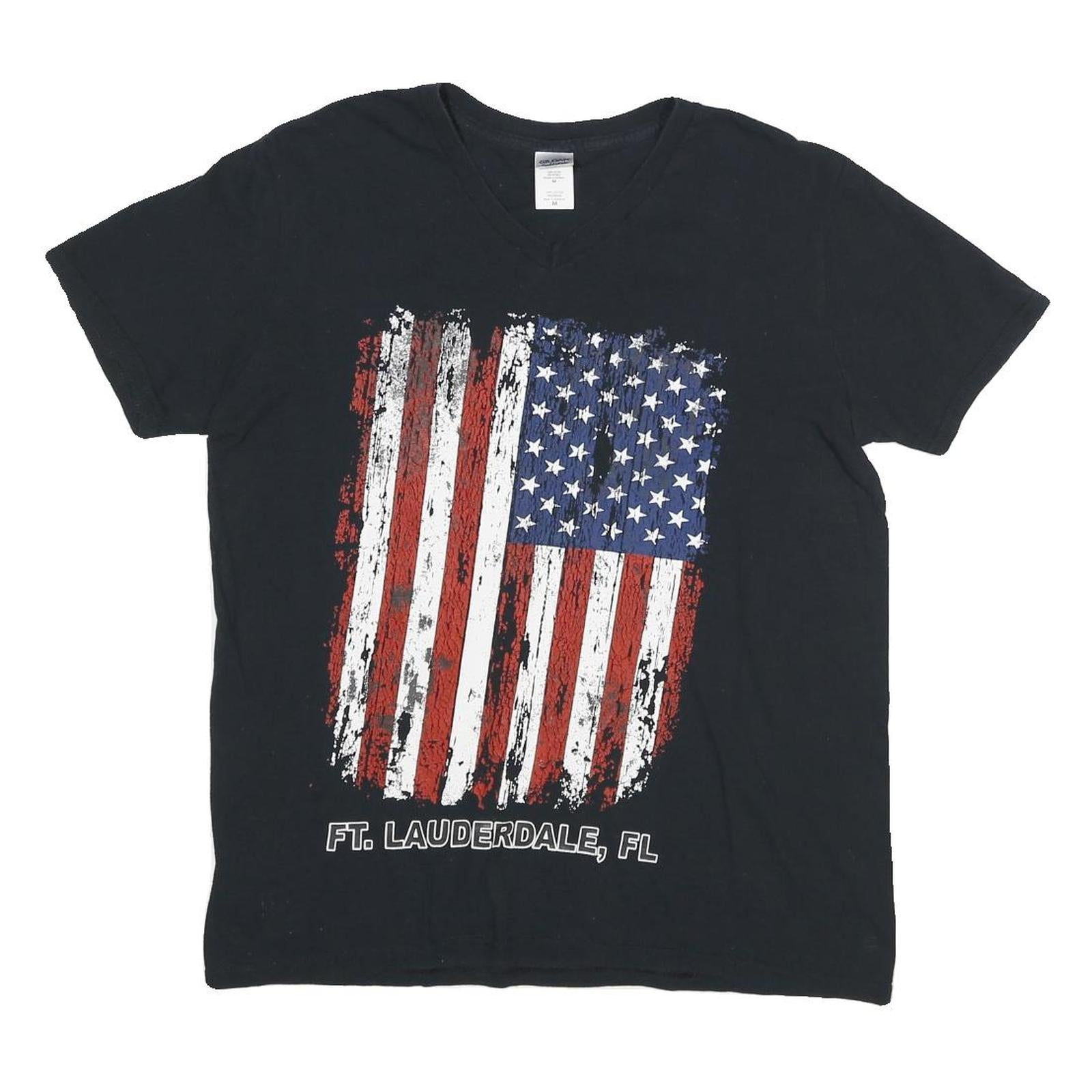 GILDAN Mens Black American Flag Graphic V-Neck T-Shirt M Short Sleeve Cotton Refurbished - N/A refurbished available on Cerqular