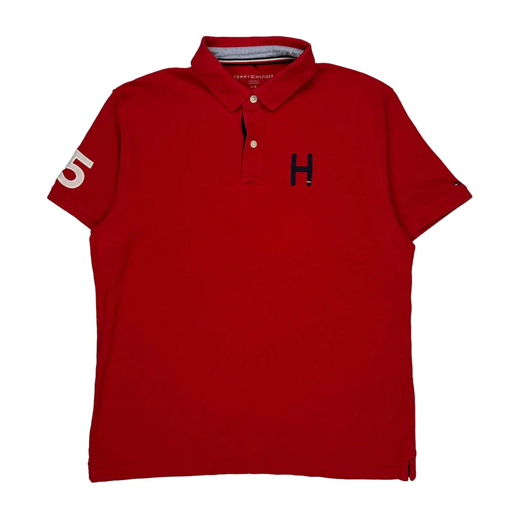 Number 85 On Sleeve Tommy Hilfiger Polo Shirt - Large Red Cotton Refurbished - Thrifted (note: this is a term often used to describe second- refurbished available on Cerqular