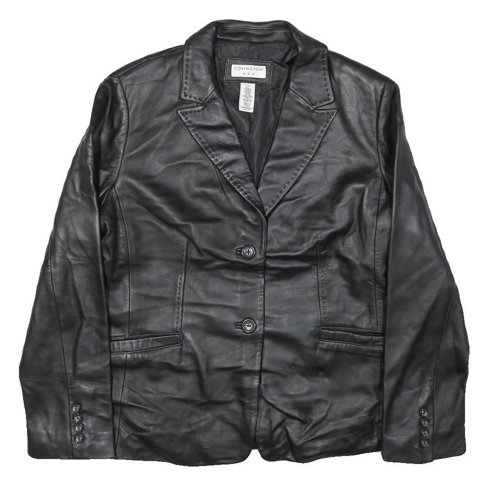 COVINGTON Mens Black Leather Blazer Jacket L Button Closure Plain Classic Refurbished - N/A refurbished available on Cerqular