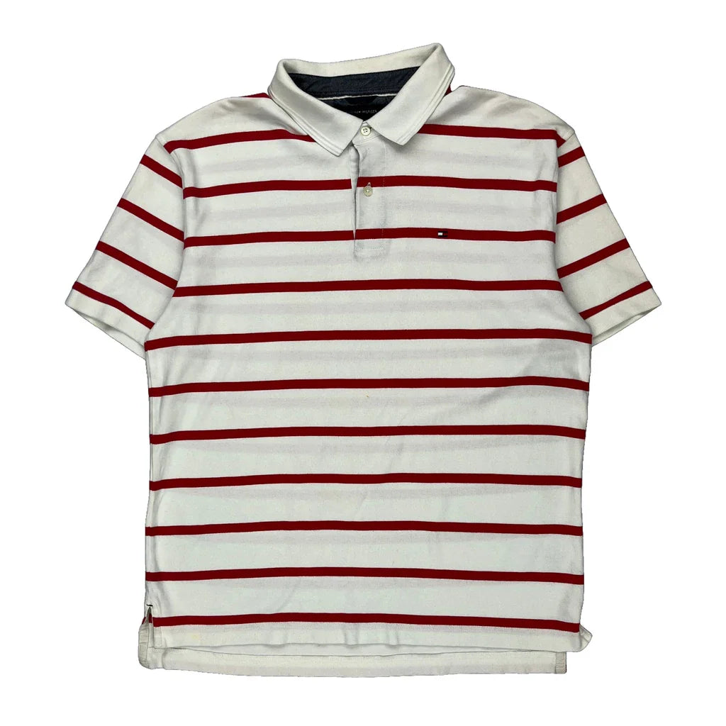 Tommy Hilfiger Striped Polo Shirt - XL White Cotton Refurbished - Thrifted (note: this is a term often used to describe second- refurbished available on Cerqular