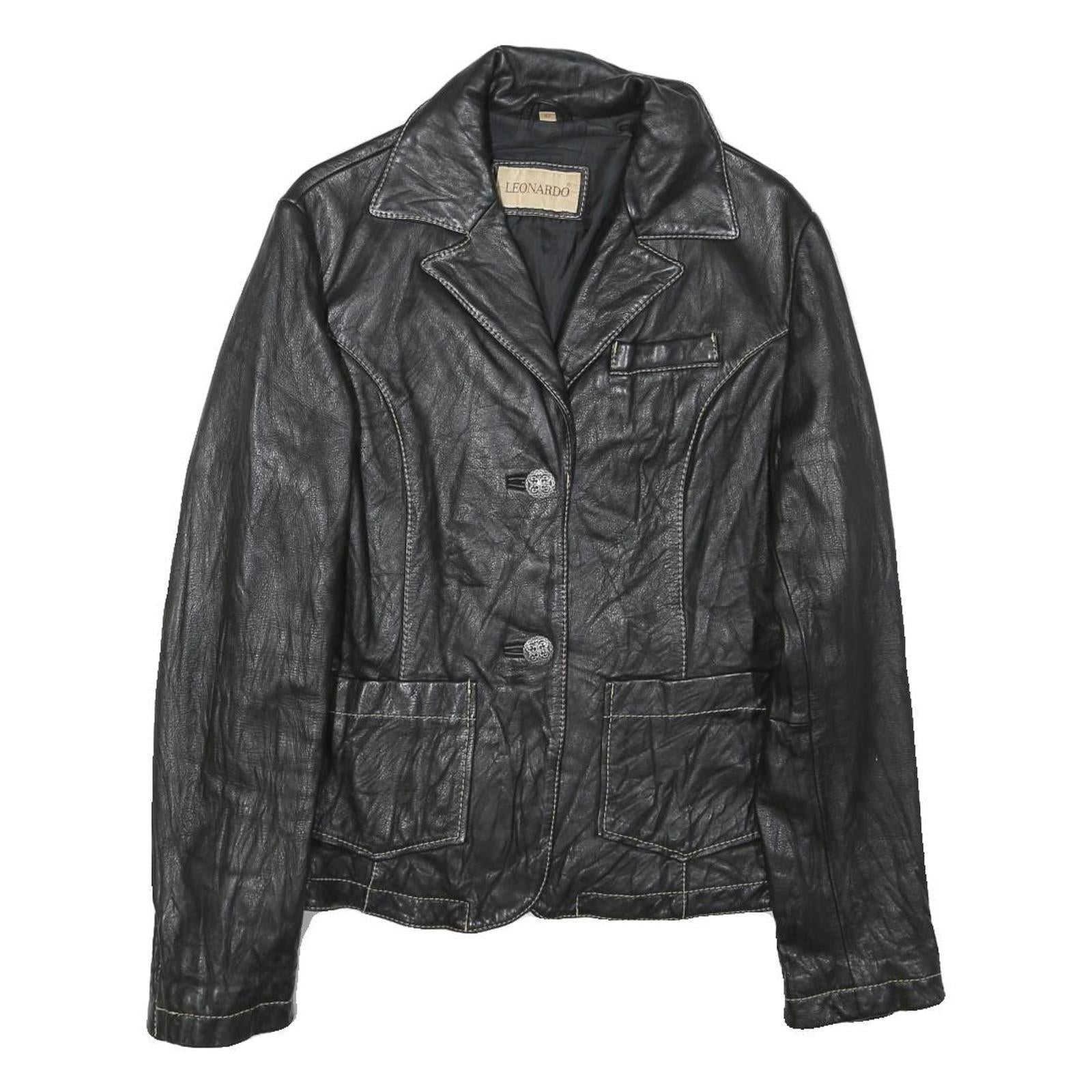 LEONARDO Womens Black Leather Button Jacket S Woven Classic Tailored Refurbished - N/A refurbished available on Cerqular