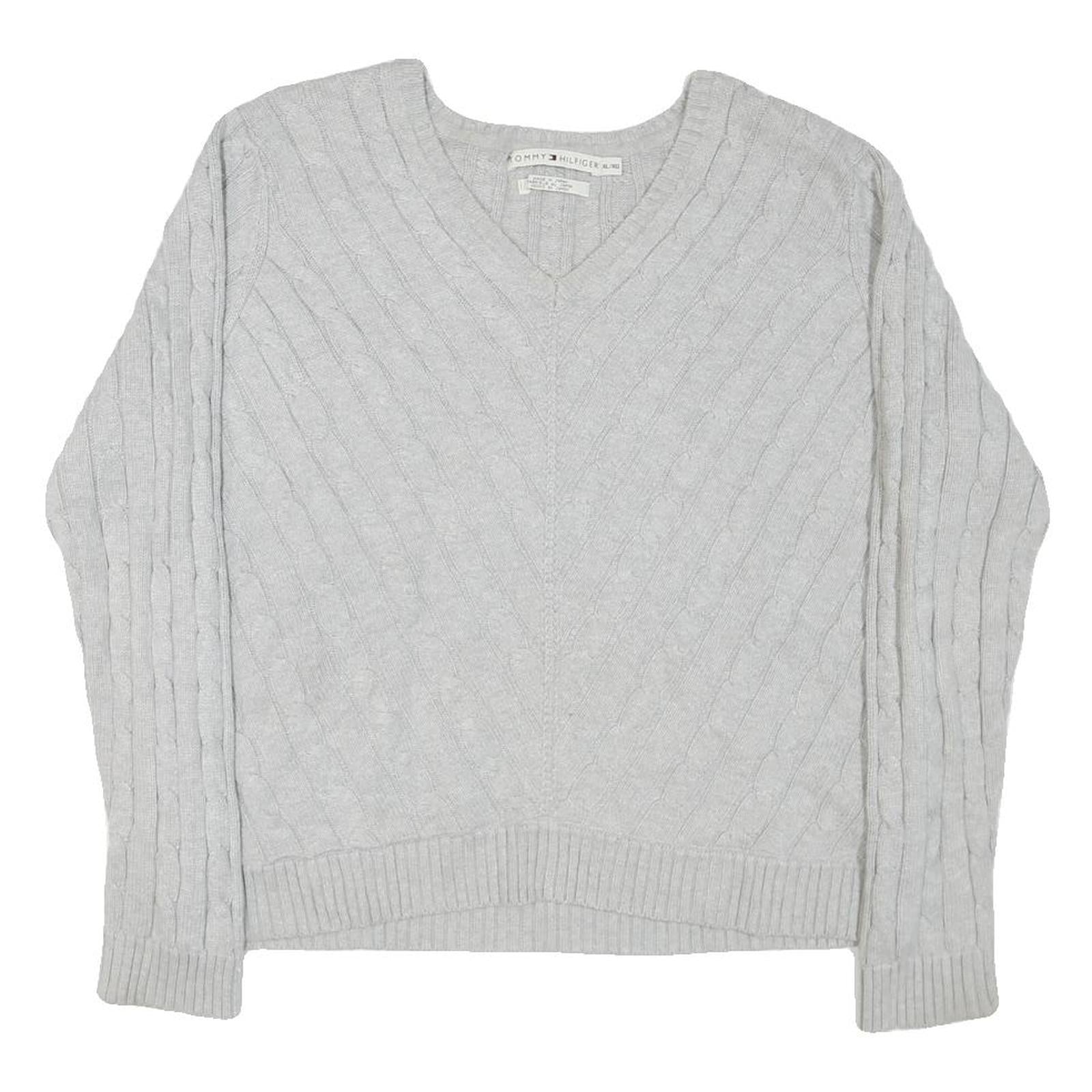 TOMMY HILFIGER Mens Grey Plain Cotton Blend V-Neck Cable Knit Jumper XL Classic Refurbished - N/A refurbished available on Cerqular