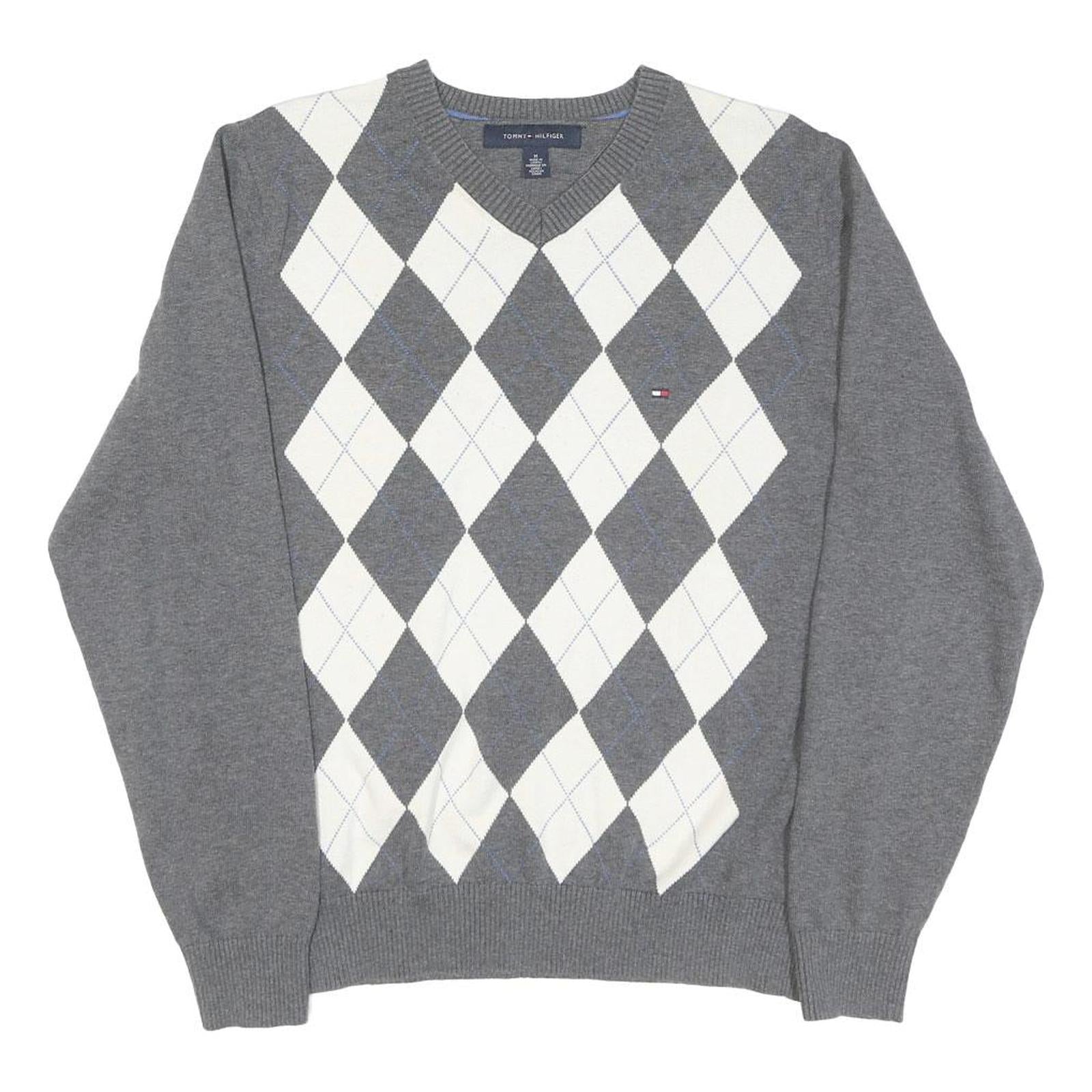 TOMMY HILFIGER Womens Grey & White Argyle Pattern Jumper V-Neck Cable Knit M Refurbished - N/A refurbished available on Cerqular