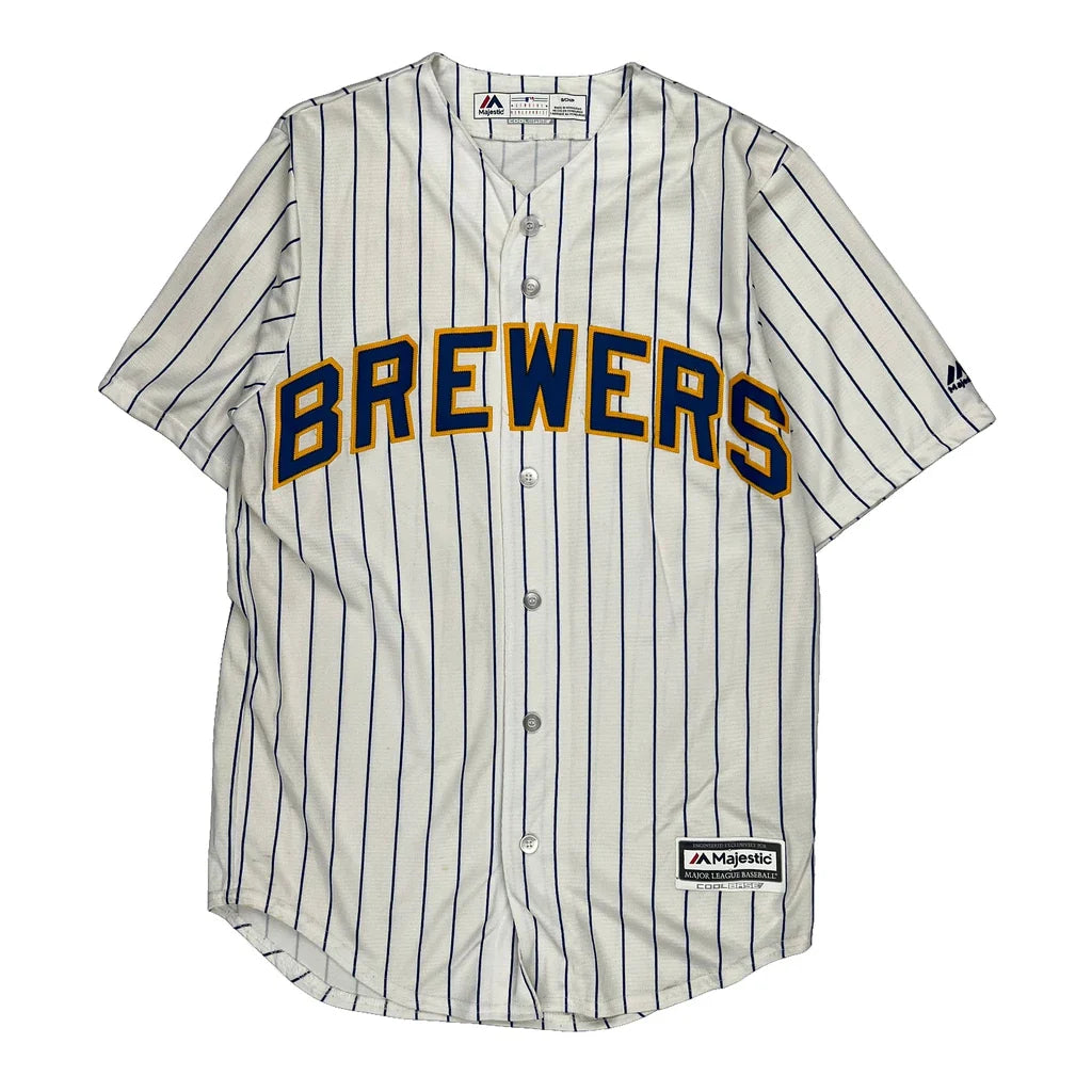 Buy Milwaukee Brewers Majestic Striped Jersey - Small Blue Polyester Refurbished - $77.71 Milwaukee Brewers Majestic Striped Jersey - Small Blue Polyester Refurbished - Thrifted (note: this is a term often used to describe second- refurbished available on Cerqular