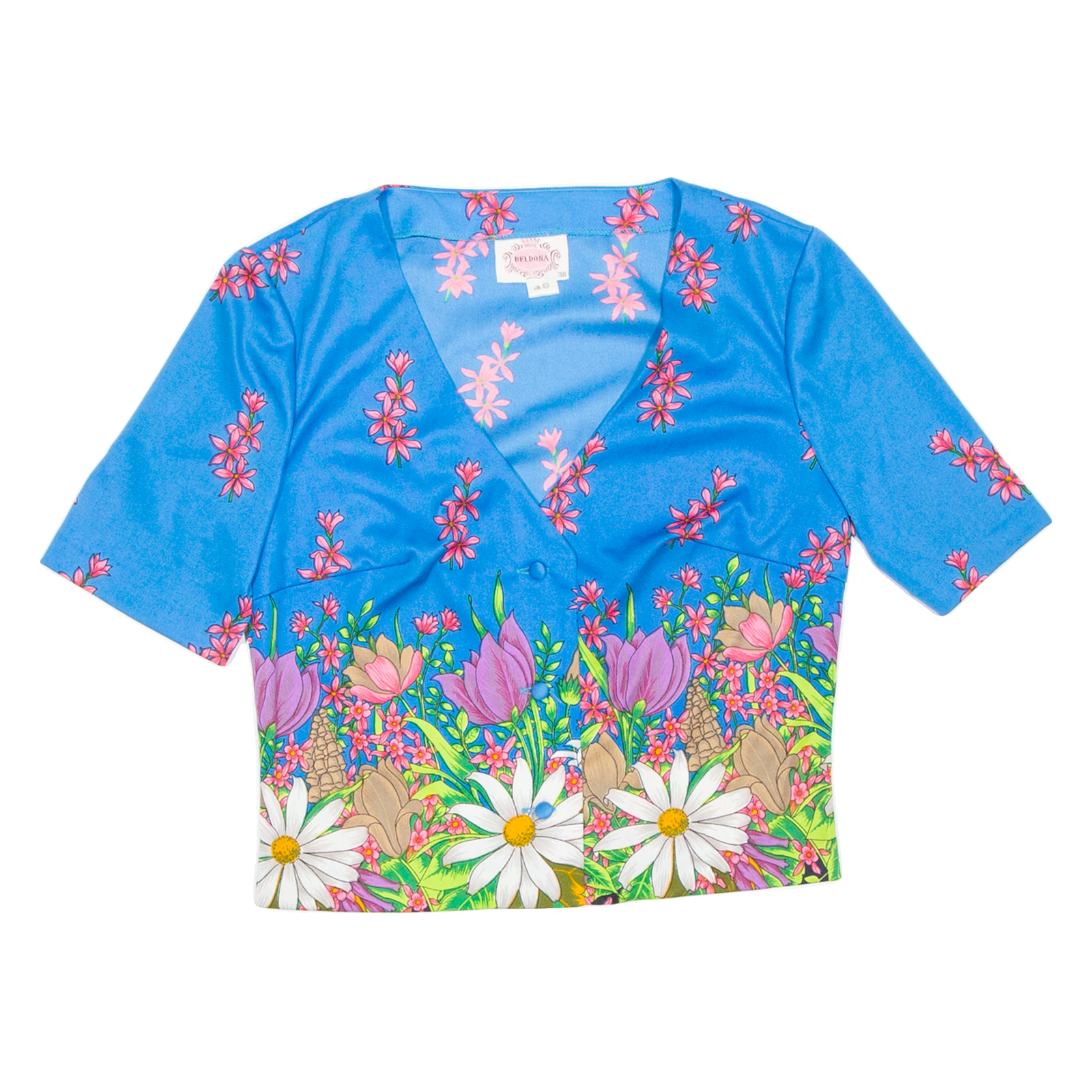 BELDONA Womens Printed Blouse Blue V-Neck Floral S Refurbished - N/A refurbished available on Cerqular