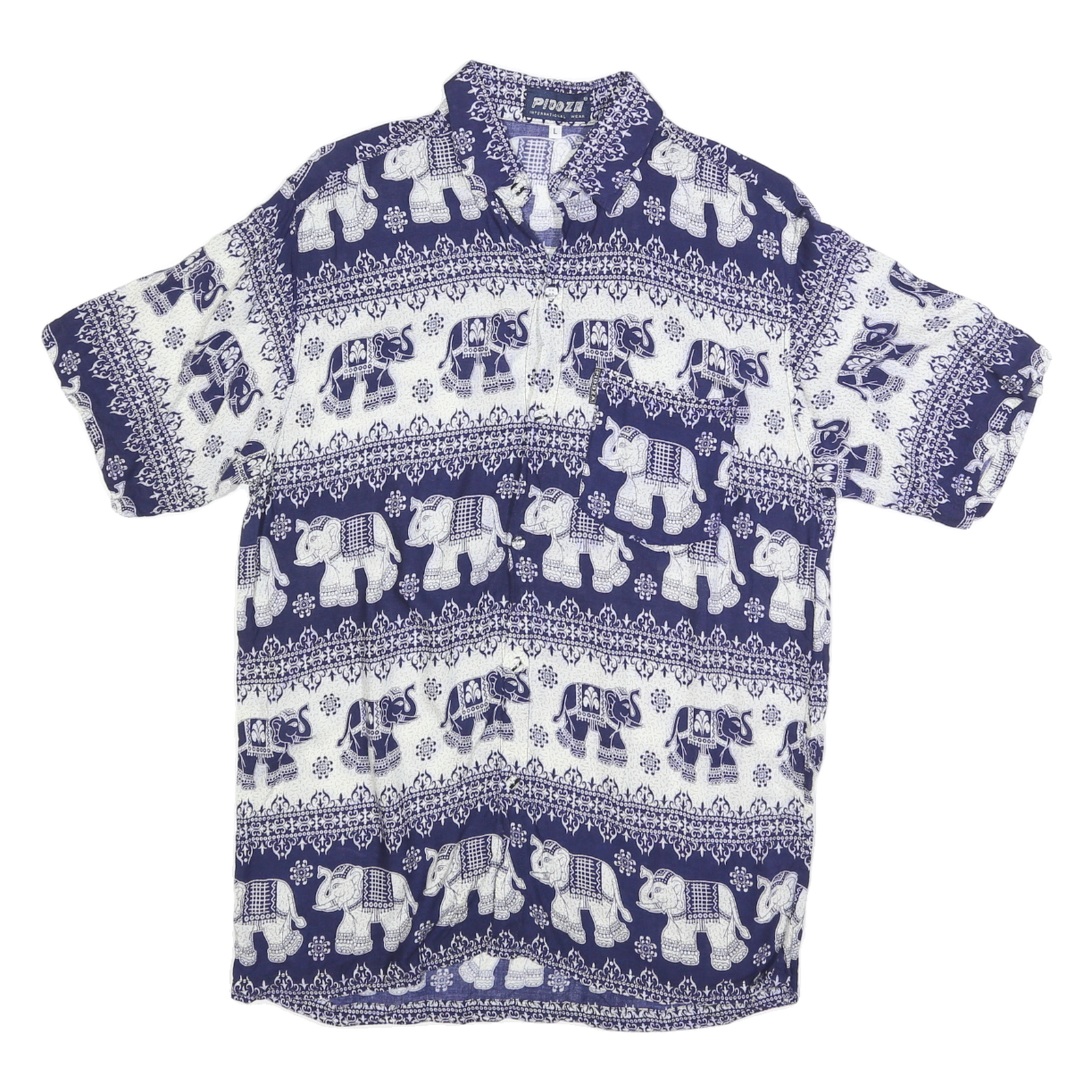 PIDOZA Mens Blue & White Elephant Print Shirt L Cotton Blend Short Sleeve Casual Refurbished - N/A refurbished available on Cerqular