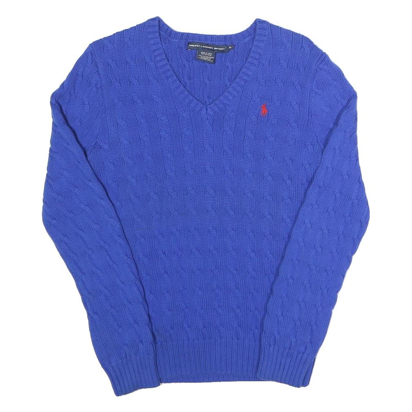 RALPH LAUREN SPORT Womens Blue Patterned Cotton Cable Knit V-Neck Jumper XL Refurbished - N/A refurbished available on Cerqular