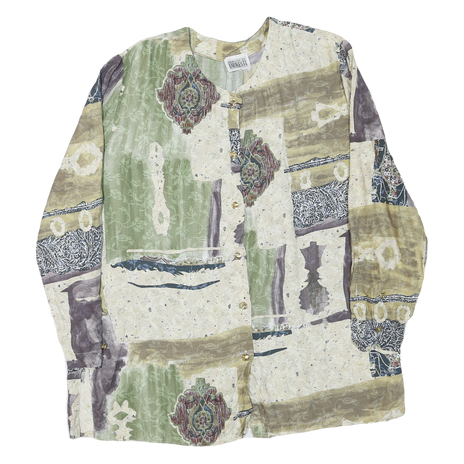 SERGIO DI LAURENTI Womens Green & Beige Printed Long Sleeve Button Neck Top L Refurbished - N/A refurbished available on Cerqular
