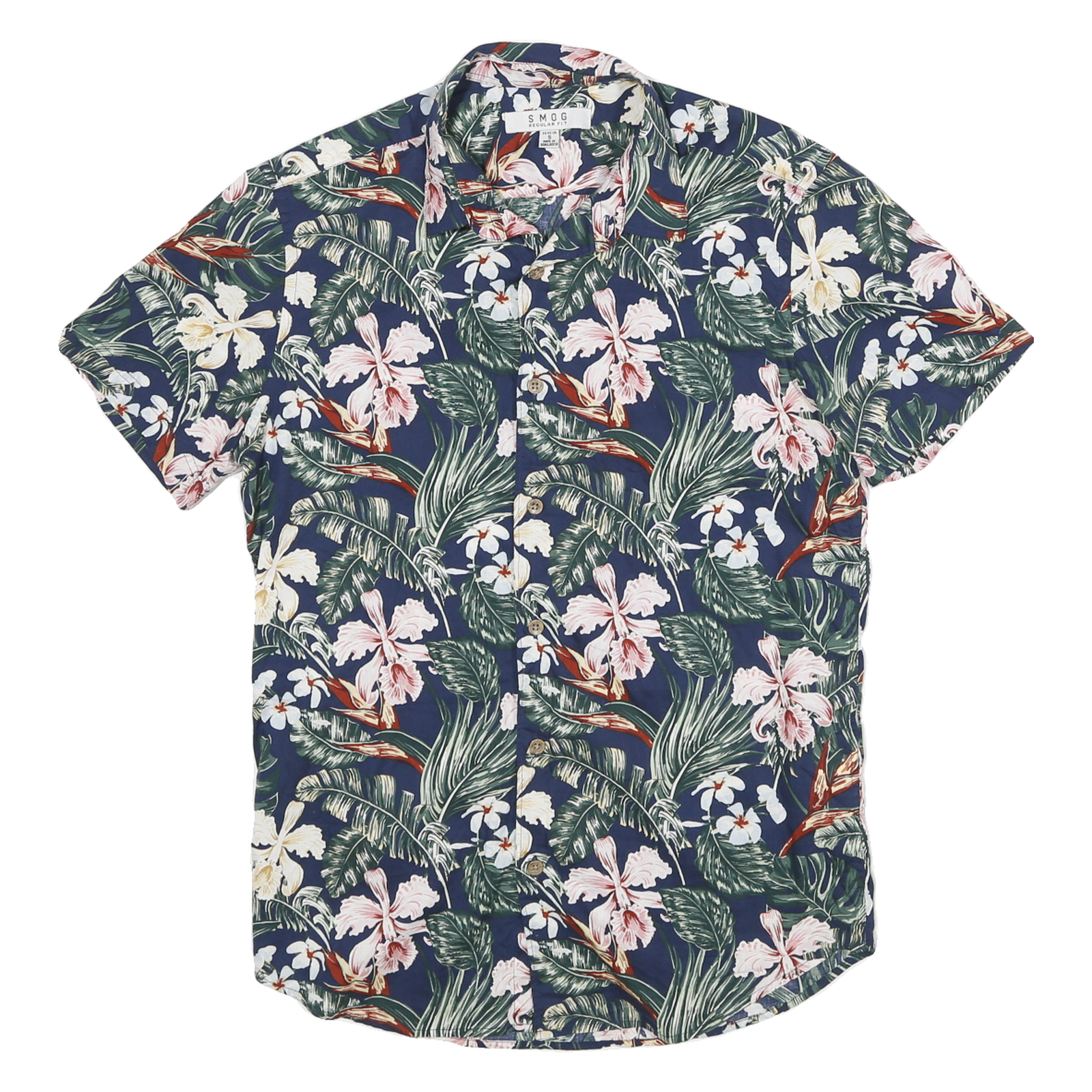 SMOG Mens Blue Floral Print Short Sleeve Shirt S Summer Casual Cotton Blend Refurbished - N/A refurbished available on Cerqular