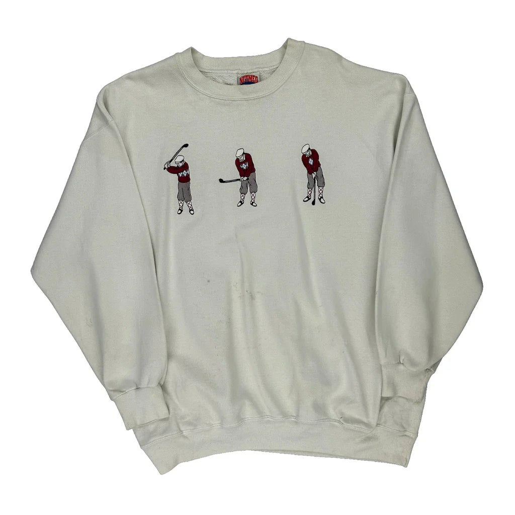 Golf Swing Nutmeg Sweatshirt - 2XL White Cotton Refurbished - Thrifted (note: this is a term often used to describe second- refurbished available on Cerqular