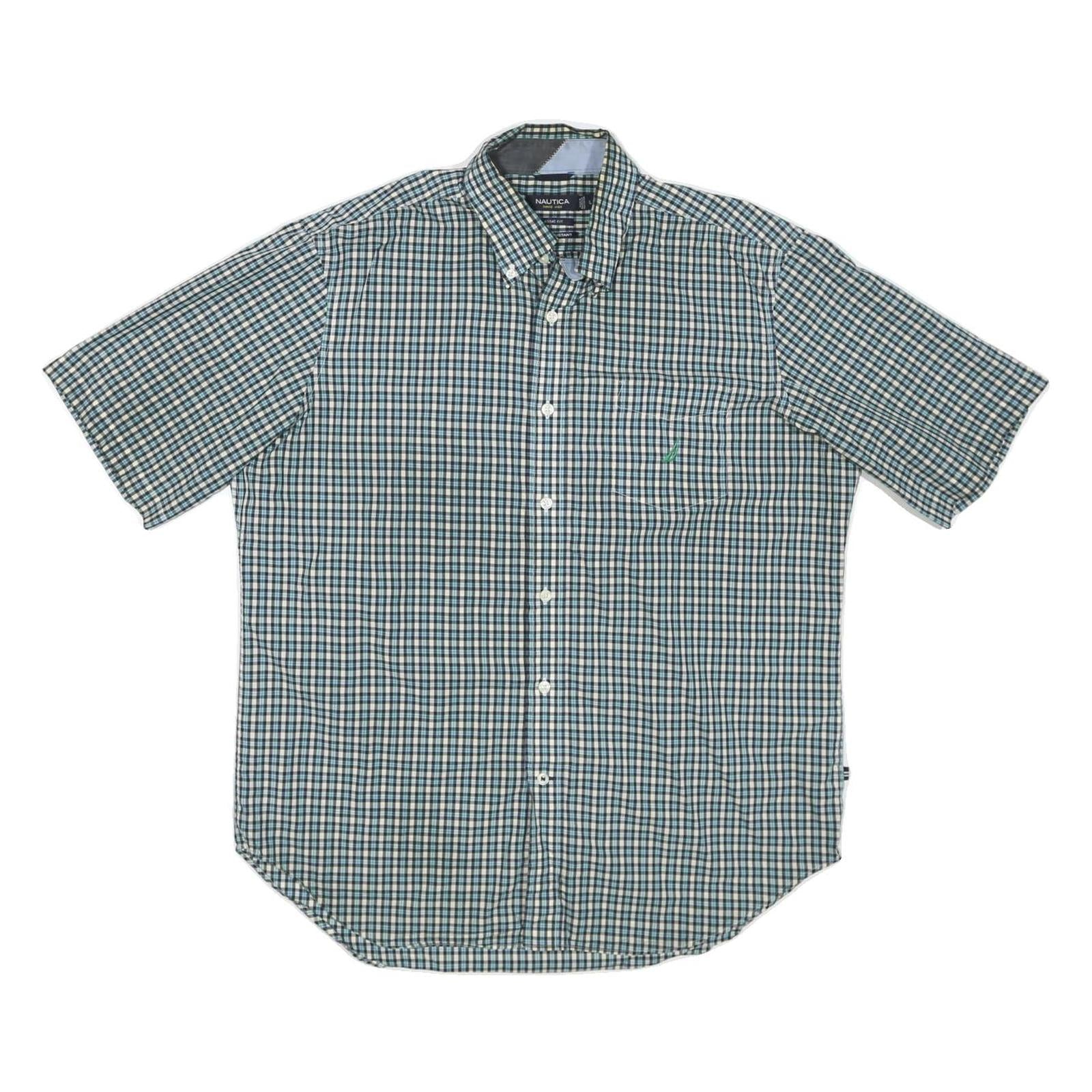 NAUTICA Mens Blue & Cream Check Shirt L Button Down Short Sleeve Cotton Blend Refurbished - N/A refurbished available on Cerqular